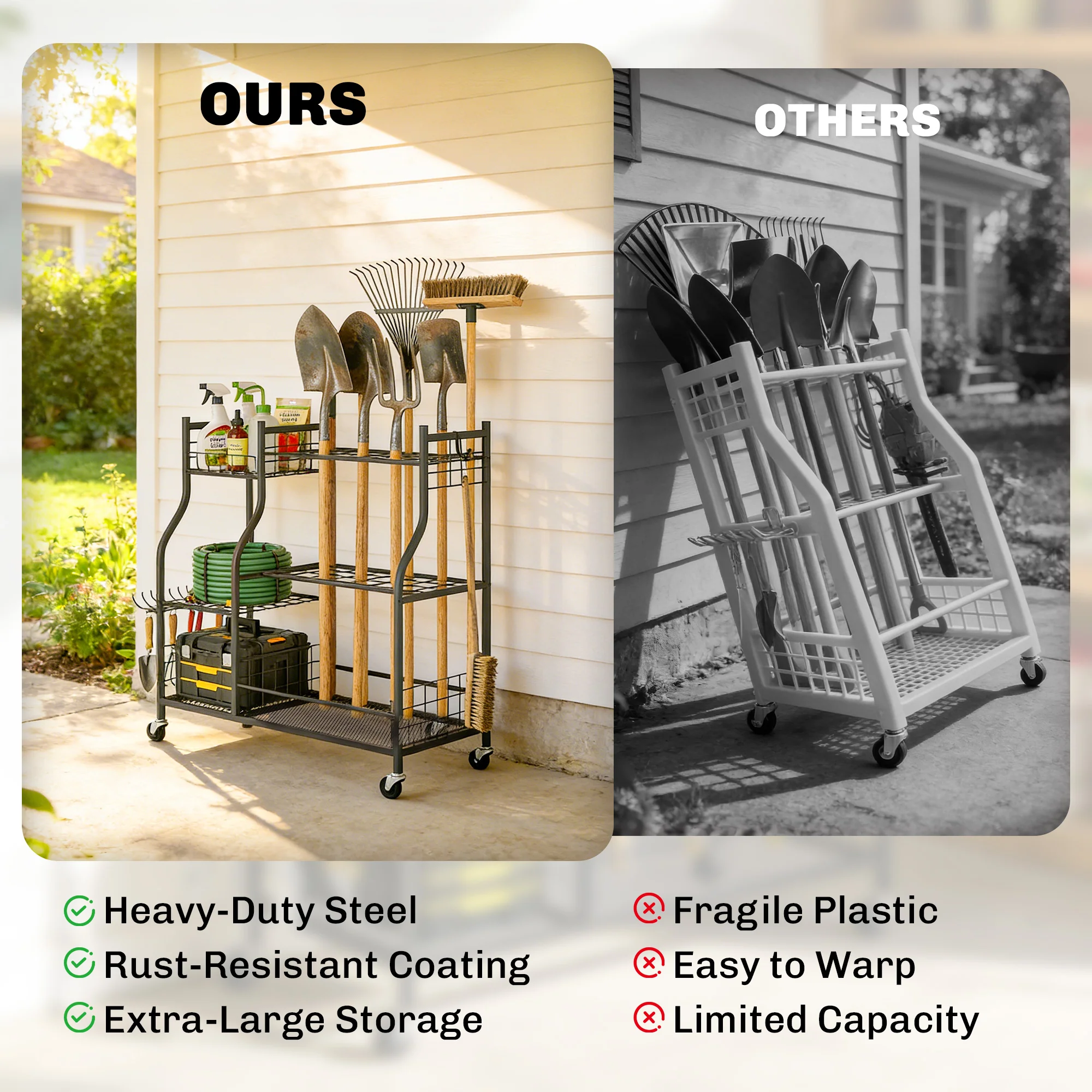 Garden Tool Organizer with 74 Slots, 4 Wheels and 11 Hooks, Black - Image 9