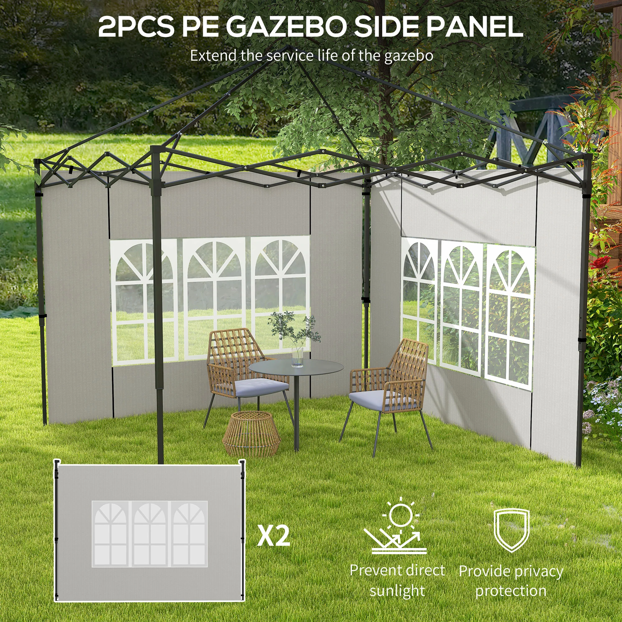 Gazebo Sidewalls with Window for 3x3(m) or 3x6m Gazebo Canopy, 2 Pack Sides Replacement, White - Image 6