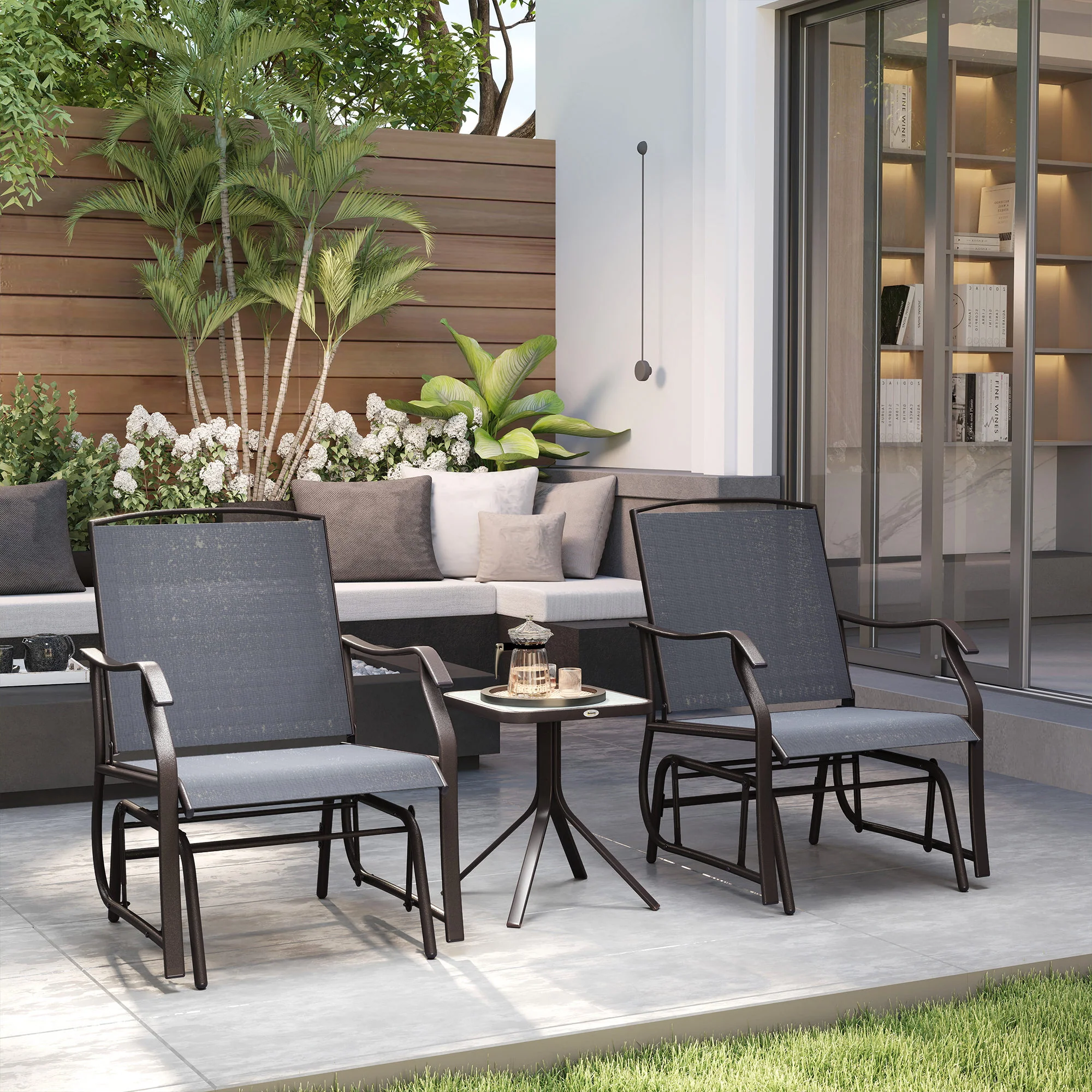 Glider Rocking Chair & Table Set, 2 Single Seaters Rocker Swing Chair for Patio, Grey - Image 3