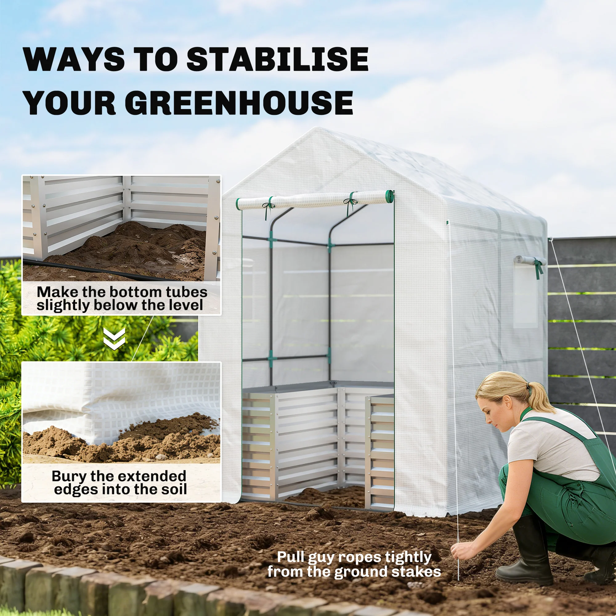 56" x 56" x 75" Raised Garden Bed Greenhouse with PE Cover, White - Image 10