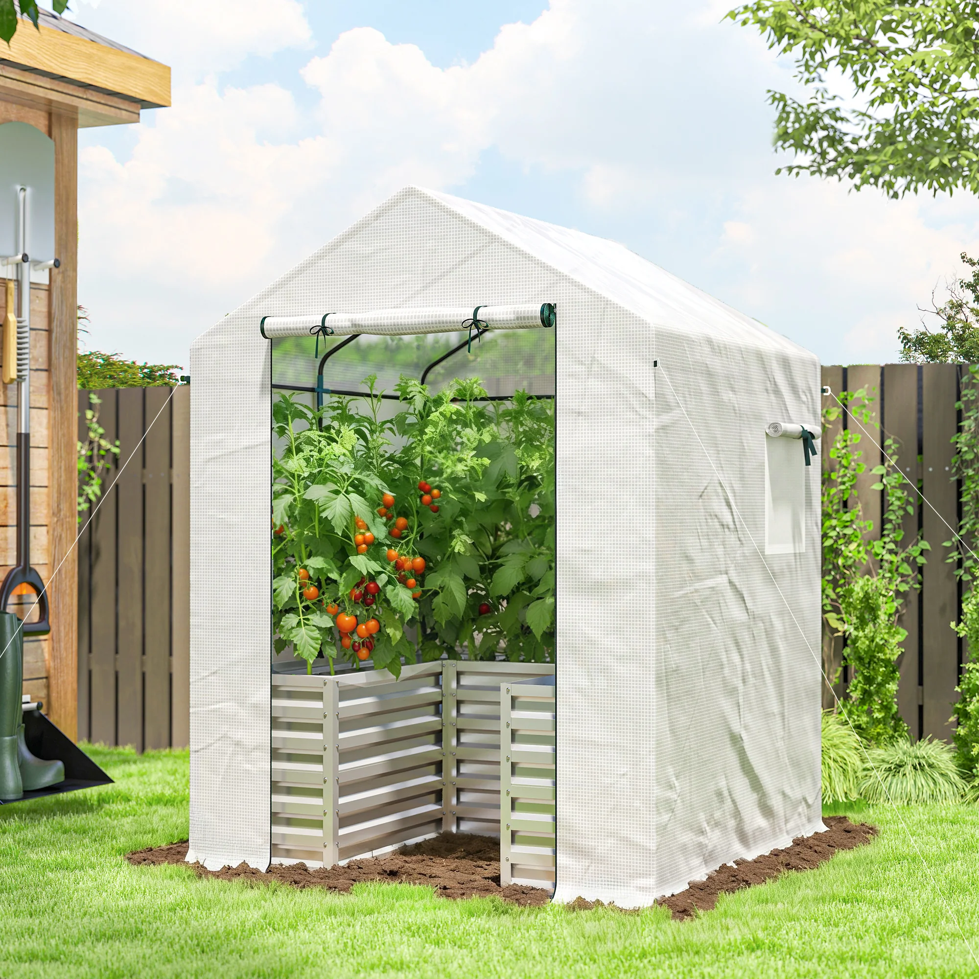 56" x 56" x 75" Raised Garden Bed Greenhouse with PE Cover, White - Image 3