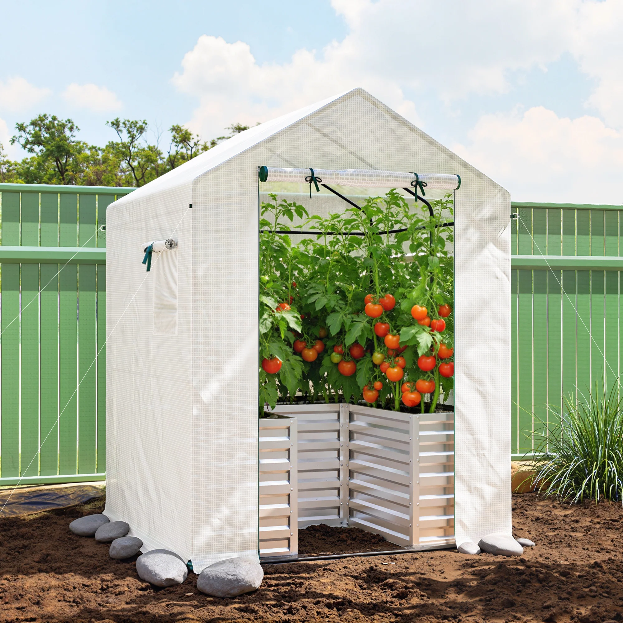 56" x 56" x 75" Raised Garden Bed Greenhouse with PE Cover, White - Image 4