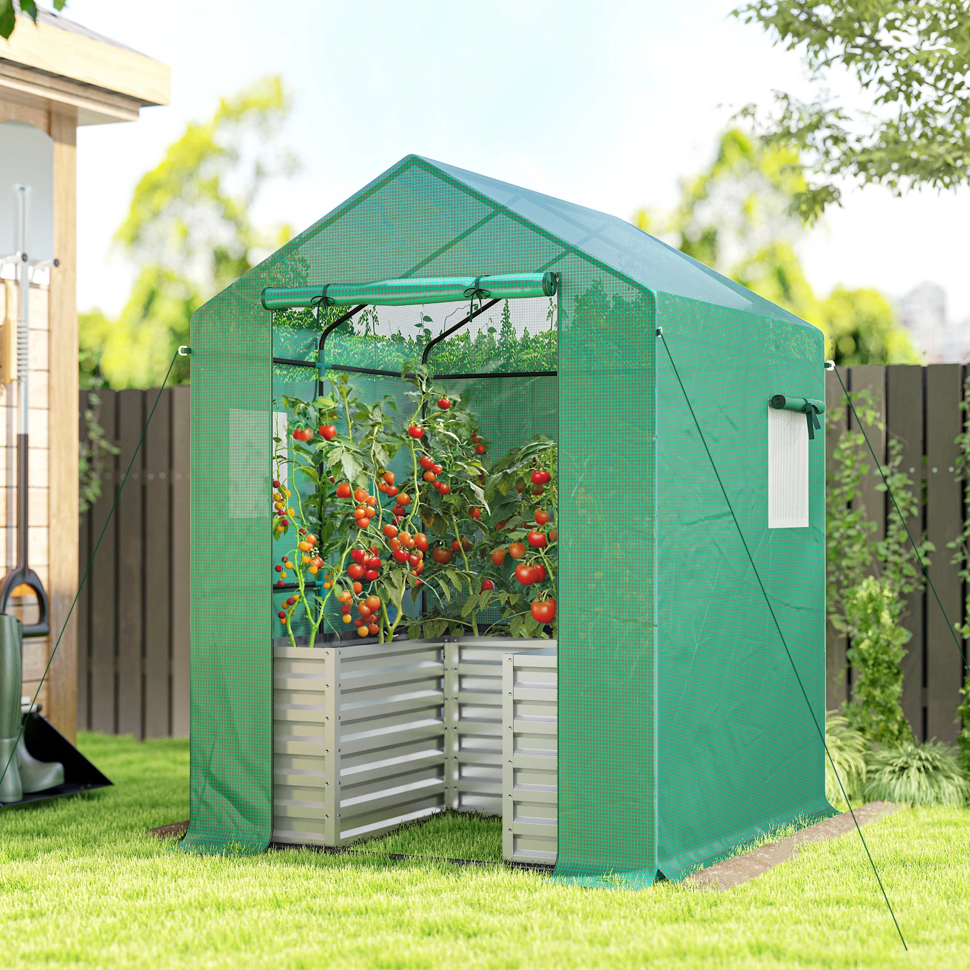 56" x 56" x 75" Raised Garden Bed Greenhouse with PE Cover, Green - Image 3