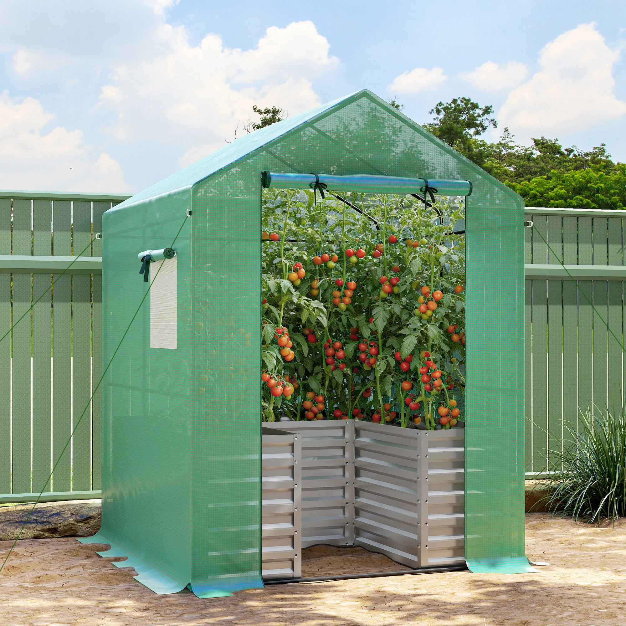 56" x 56" x 75" Raised Garden Bed Greenhouse with PE Cover, Green - Image 4