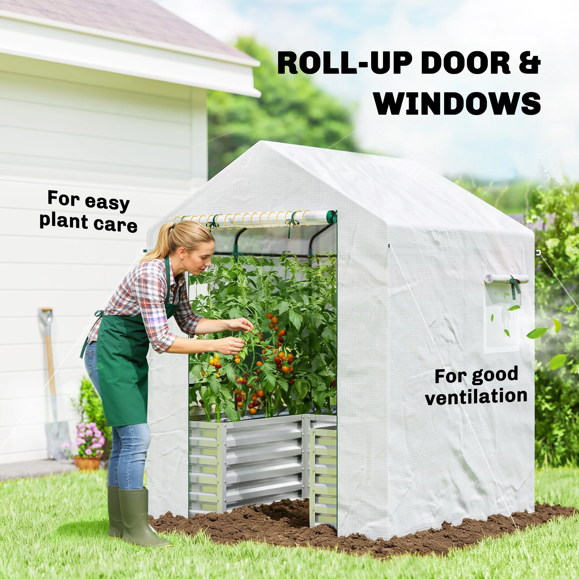 56" x 56" x 75" Raised Garden Bed Greenhouse with PE Cover, White - Image 9