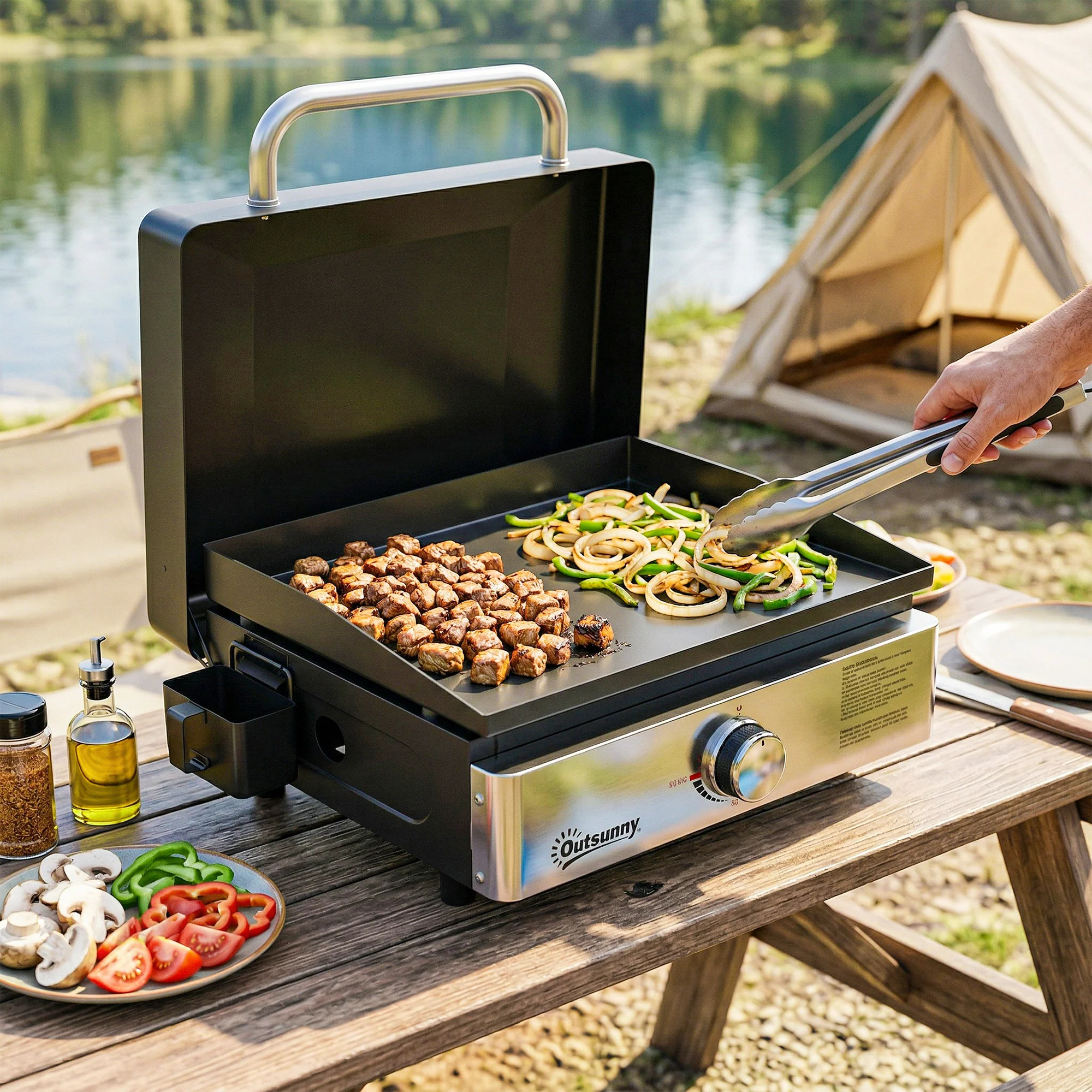 Portable Gas Plancha Grill 3.5 kW, Tabletop Griddle with Grease Cup, Black - Image 10