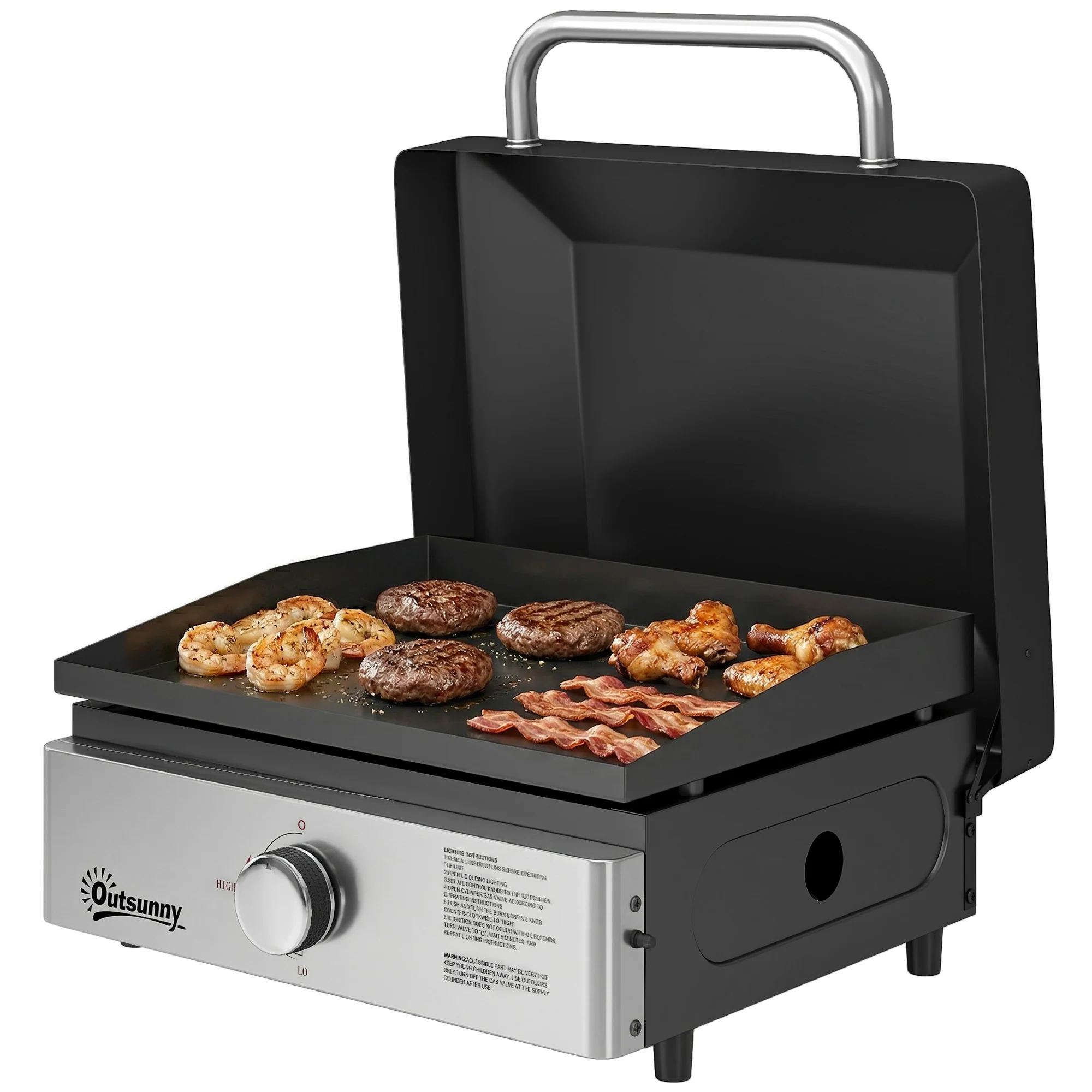 Portable Gas Plancha Grill 3.5 kW, Tabletop Griddle with Grease Cup, Black - Image 2