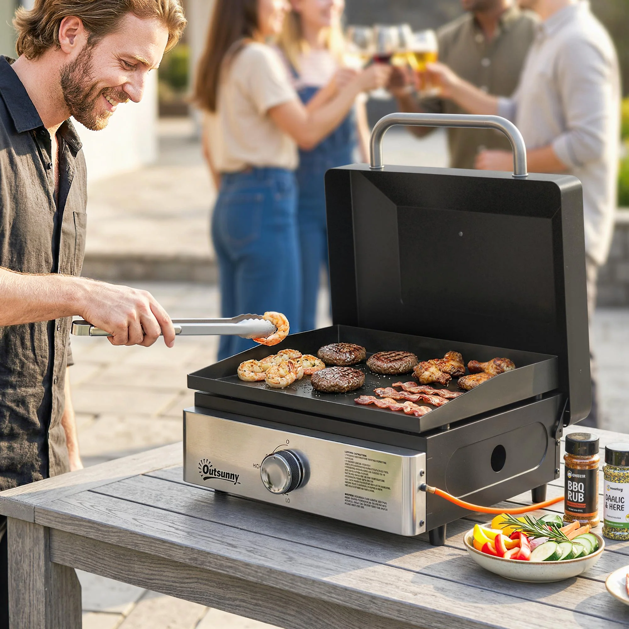 Portable Gas Plancha Grill 3.5 kW, Tabletop Griddle with Grease Cup, Black - Image 3