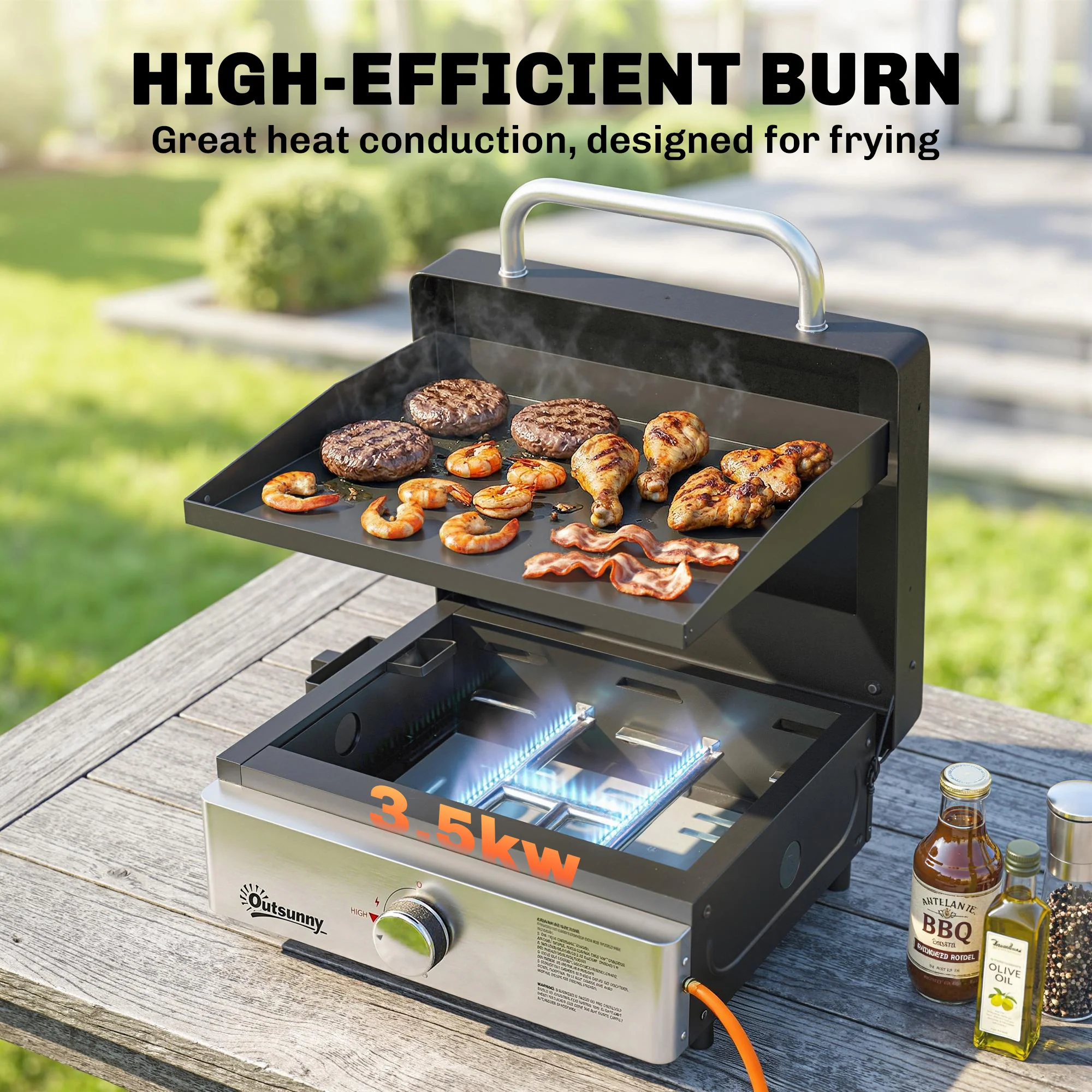 Portable Gas Plancha Grill 3.5 kW, Tabletop Griddle with Grease Cup, Black - Image 6