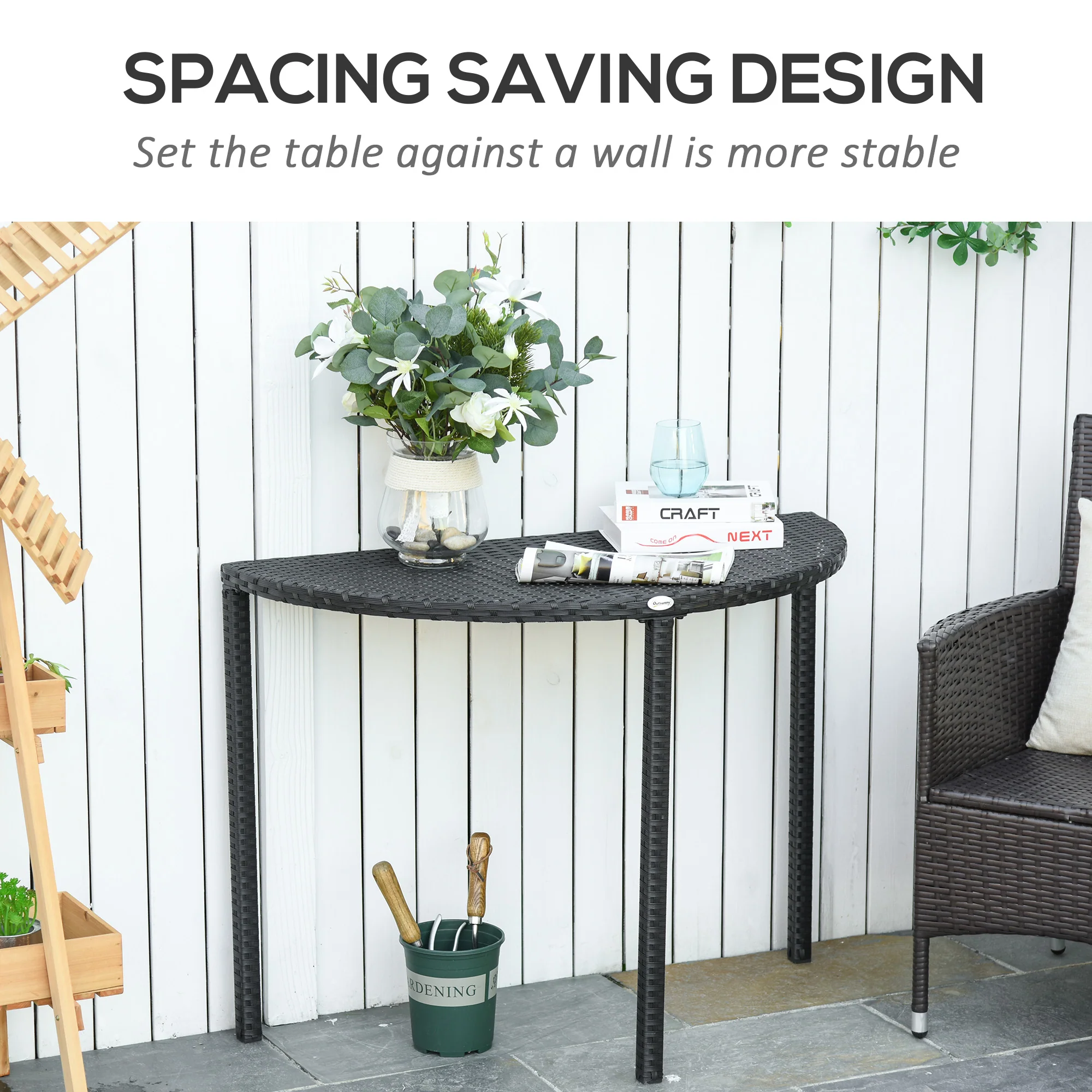 39.4" Half Round PE Rattan Side Table with Metal Frame, Black - Image 7