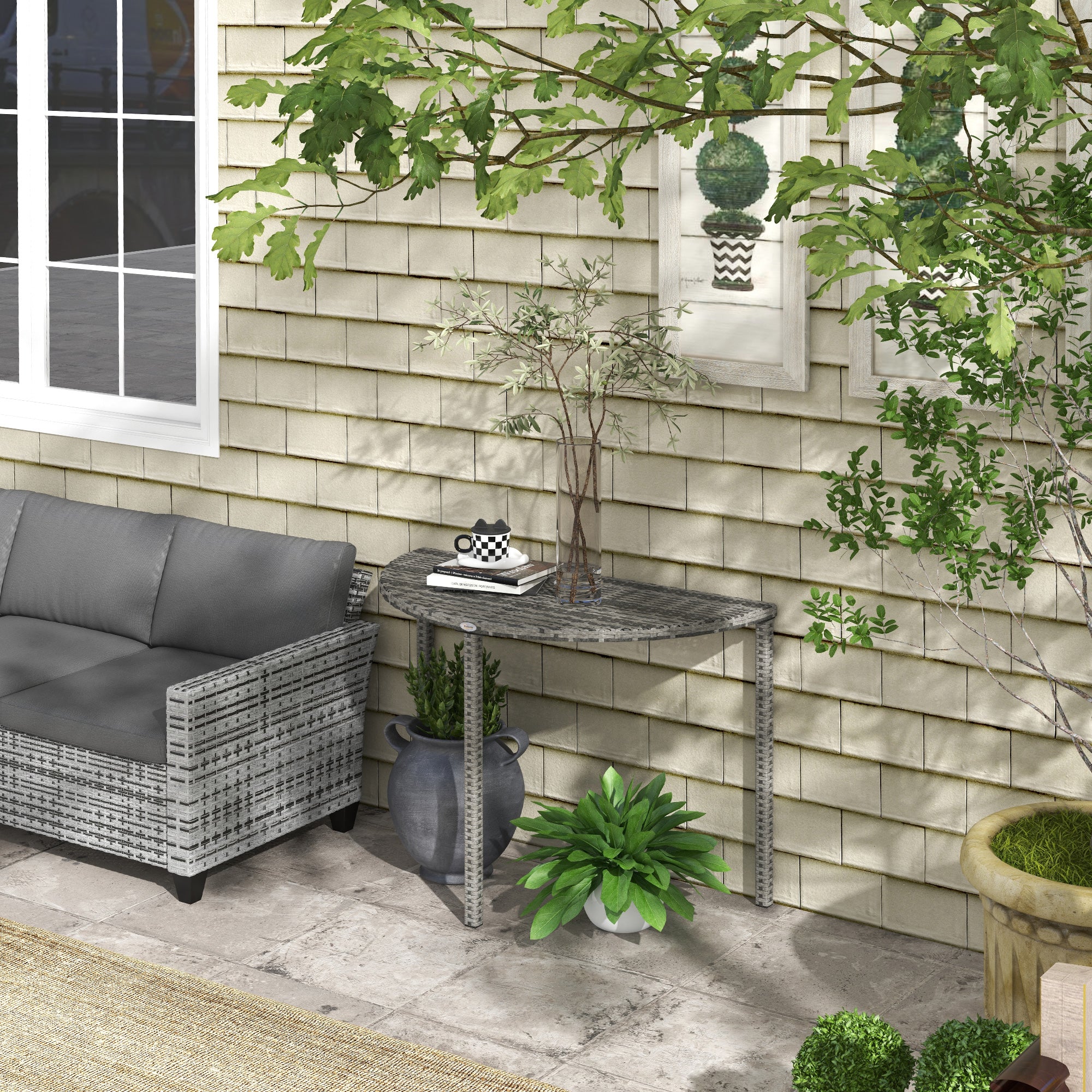39.4" Half Round PE Rattan Side Table with Metal Frame, Grey - Image 3