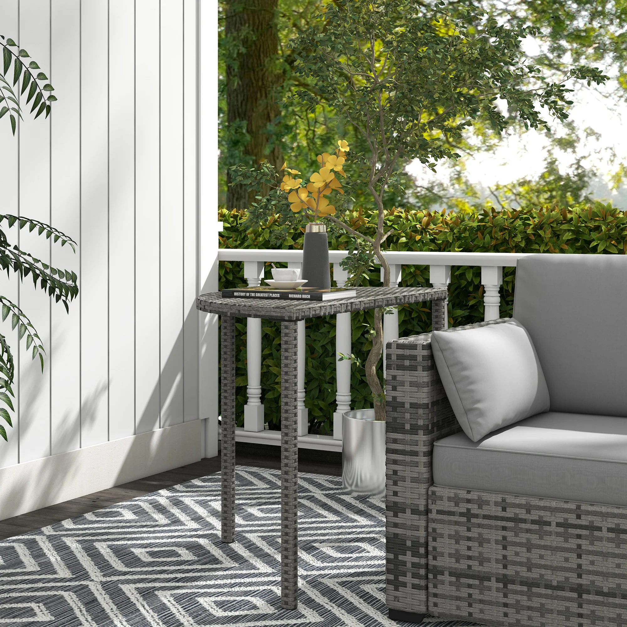 39.4" Half Round PE Rattan Side Table with Metal Frame, Grey - Image 4