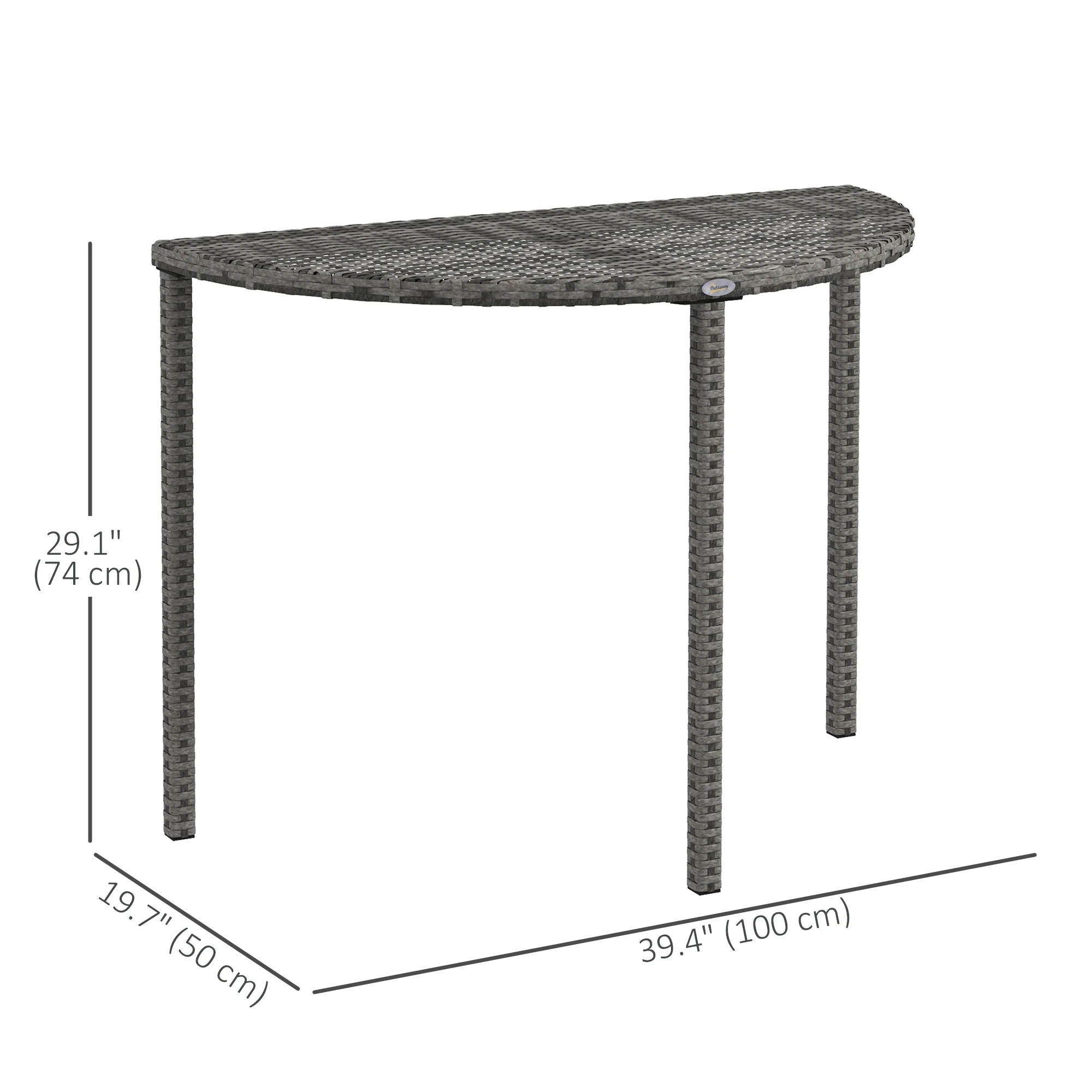 39.4" Half Round PE Rattan Side Table with Metal Frame, Grey - Image 5