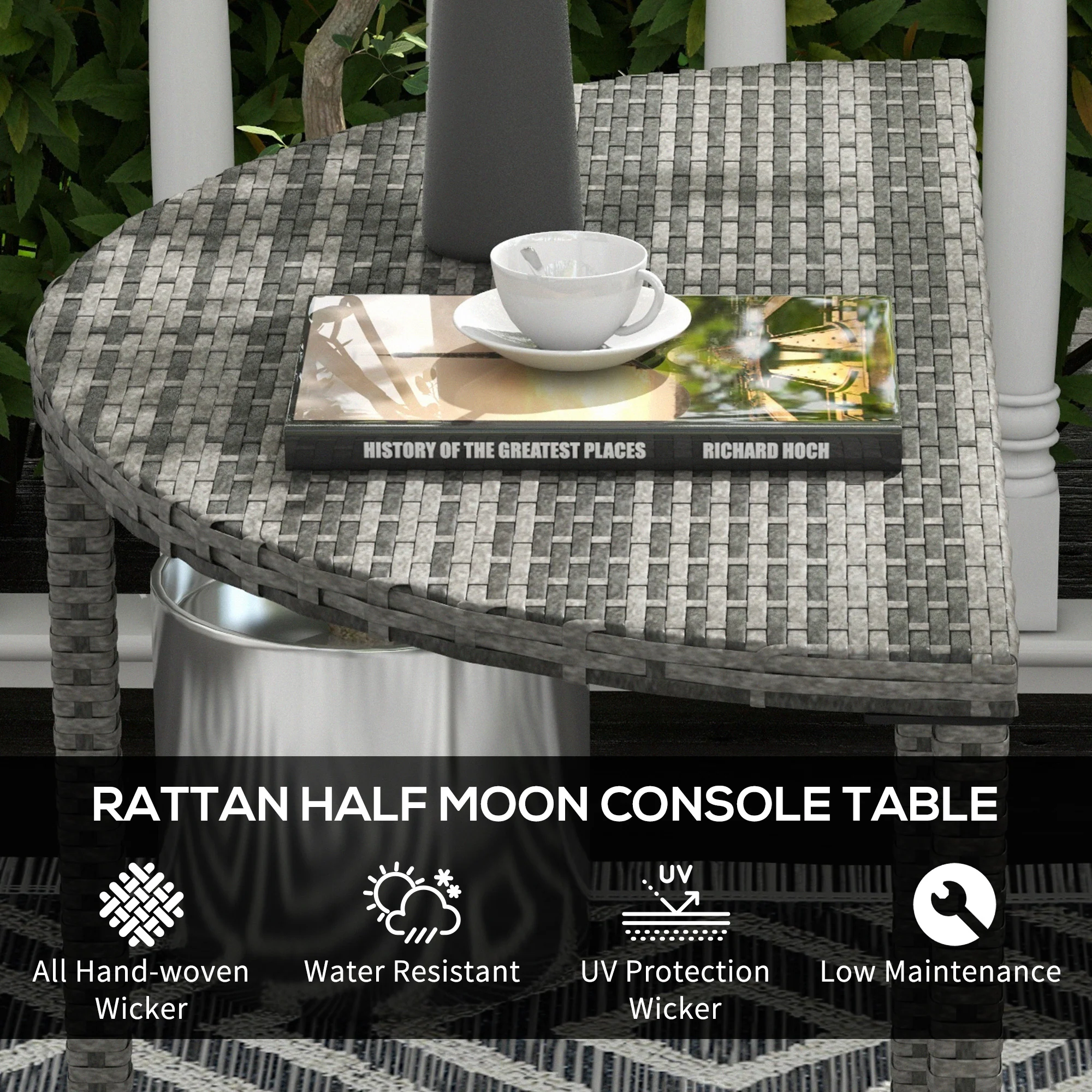 39.4" Half Round PE Rattan Side Table with Metal Frame, Grey - Image 7