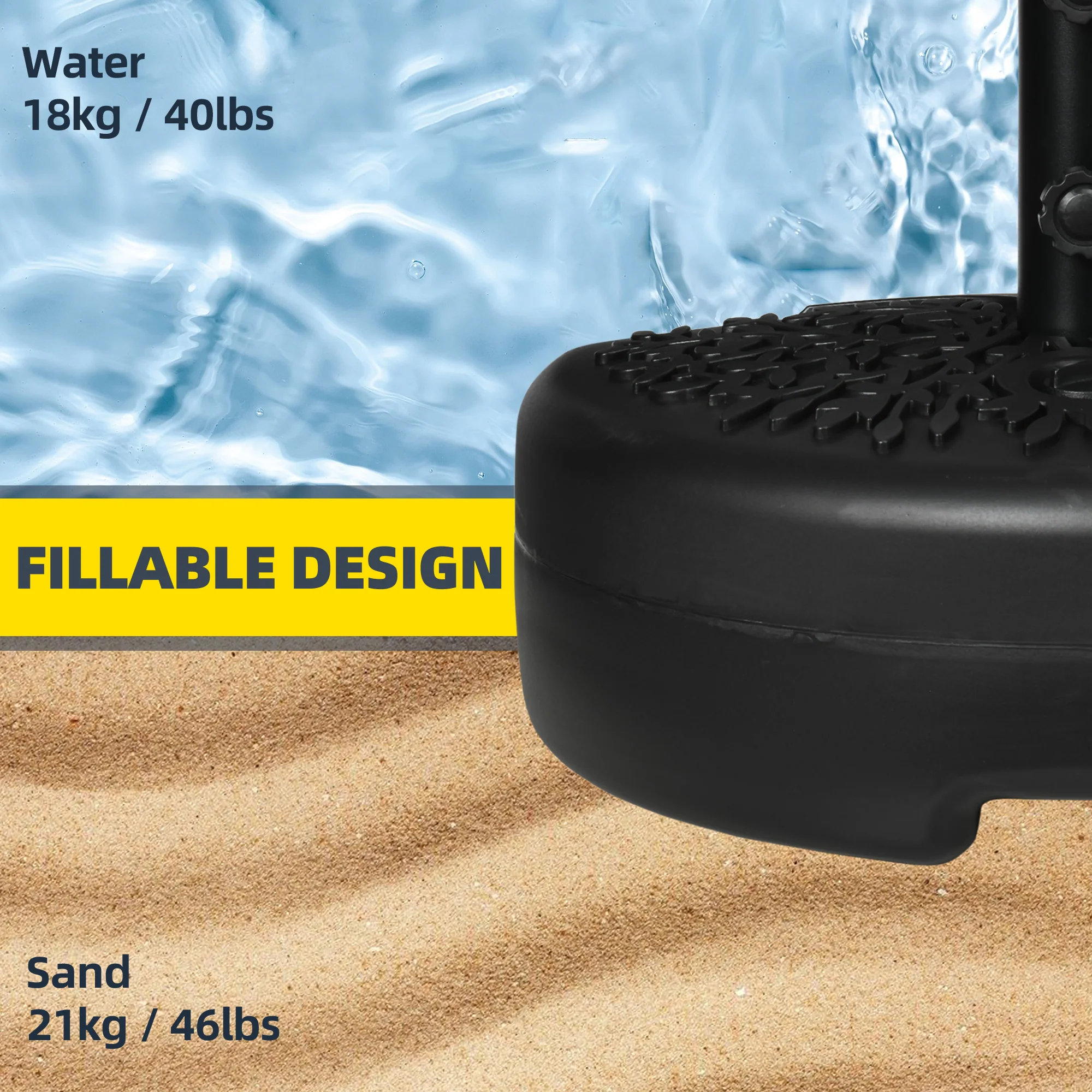 Half Round Umbrella Base for 38 or 48mm Poles, Filled Up to 18kg Water or 21kg Sand, Black - Image 7