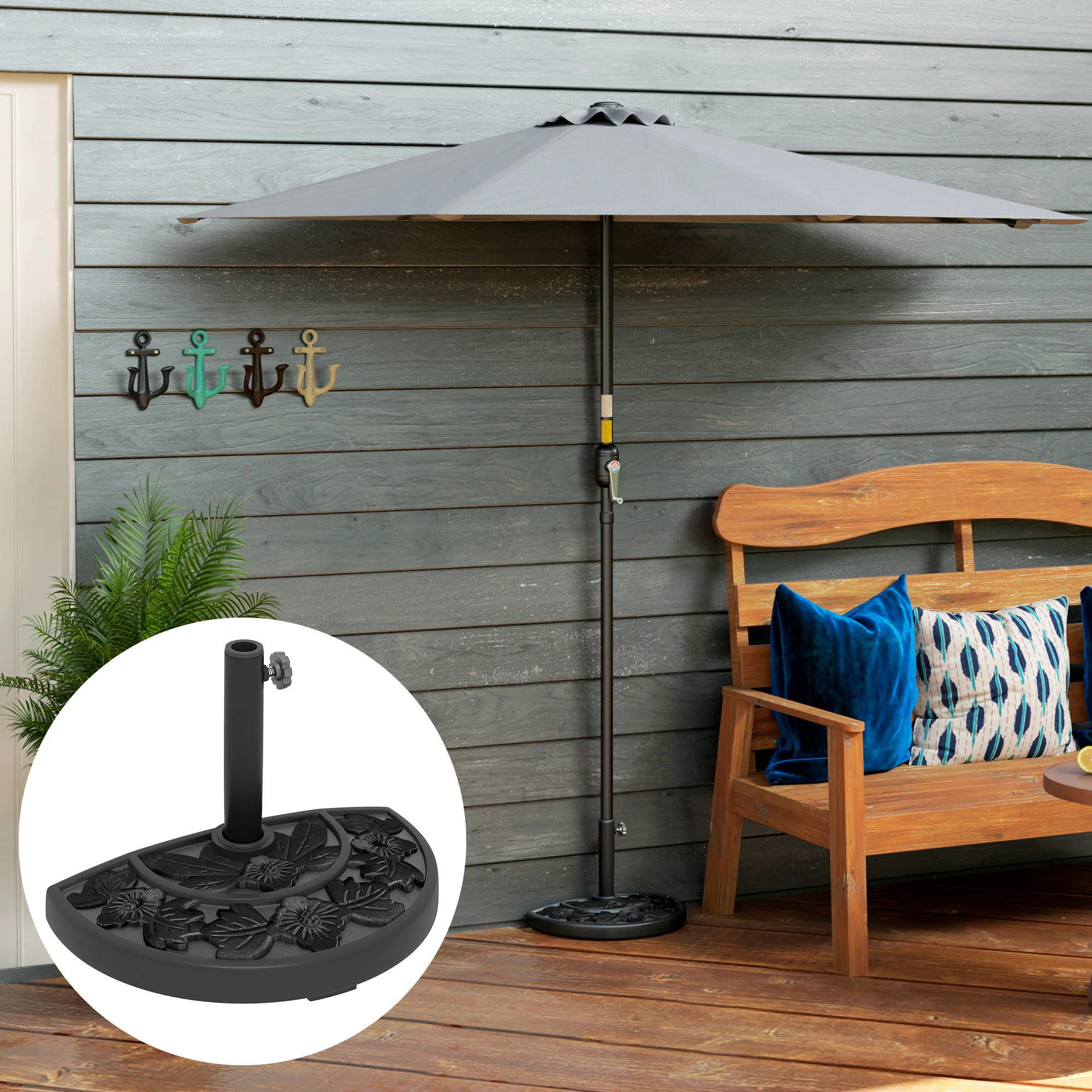 21lb Concrete Half Umbrella Stand with Floral Design, for 1.3"/1.5"/1.9" Poles, Black - Image 3