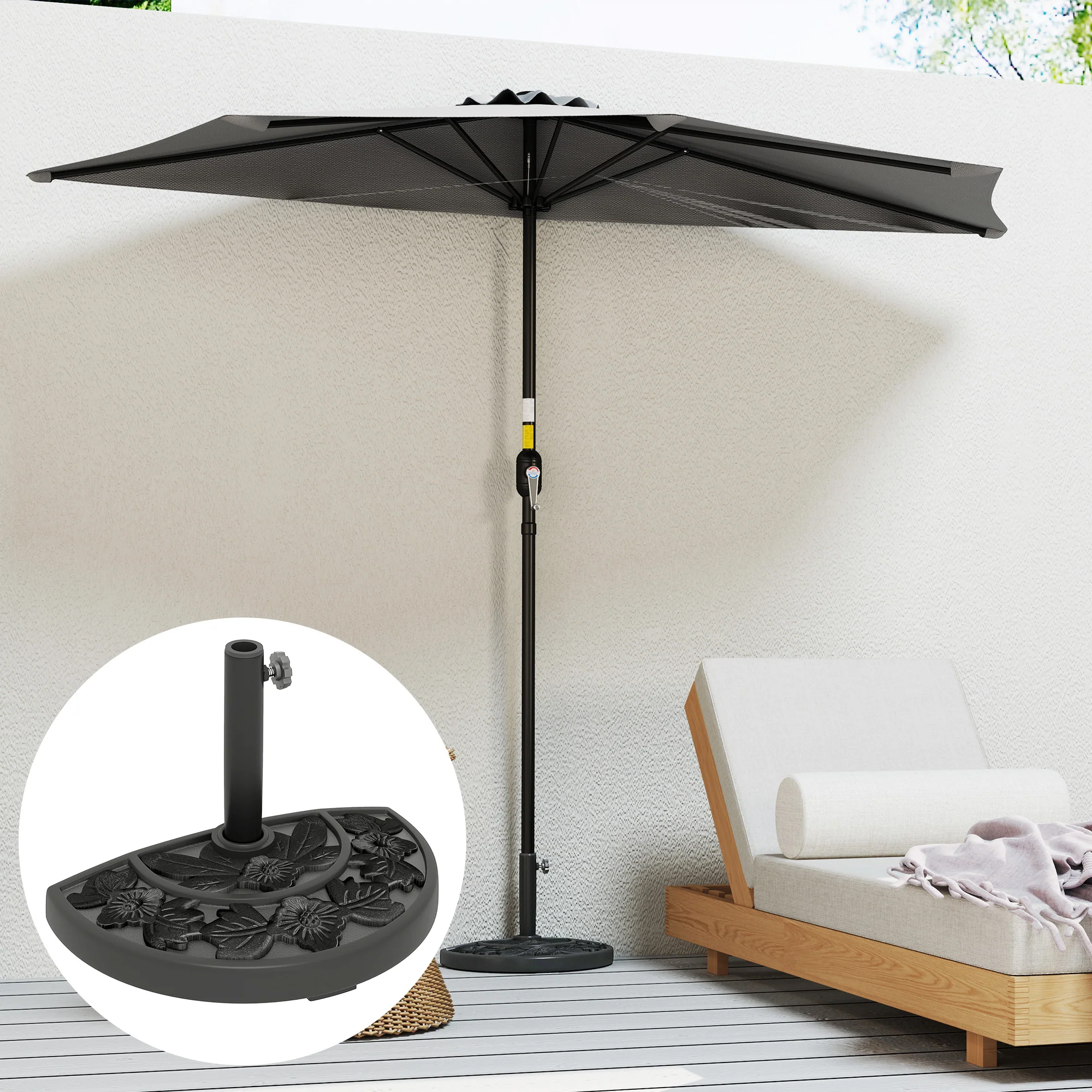 21lb Concrete Half Umbrella Stand with Floral Design, for 1.3"/1.5"/1.9" Poles, Black - Image 4
