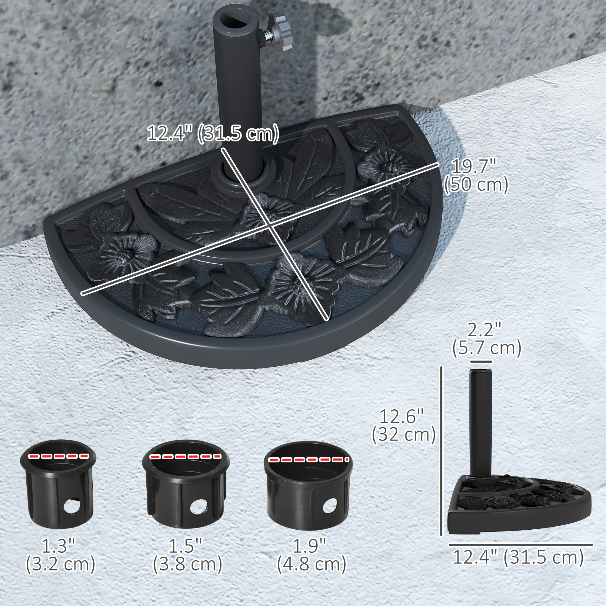 21lb Concrete Half Umbrella Stand with Floral Design, for 1.3"/1.5"/1.9" Poles, Black - Image 5