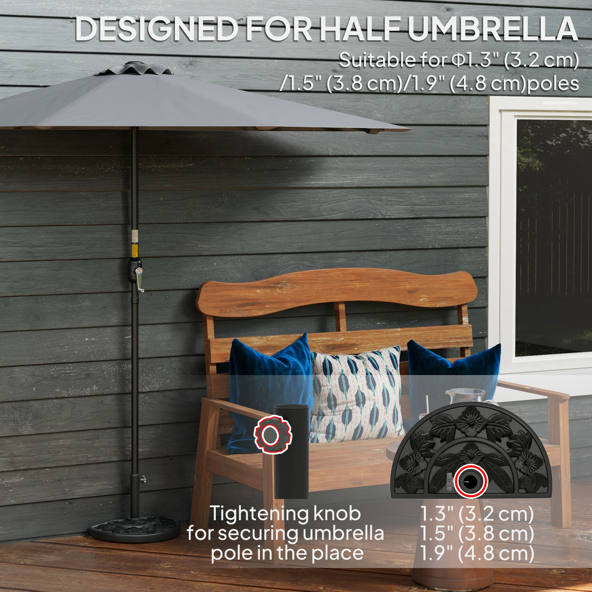 21lb Concrete Half Umbrella Stand with Floral Design, for 1.3"/1.5"/1.9" Poles, Black - Image 6