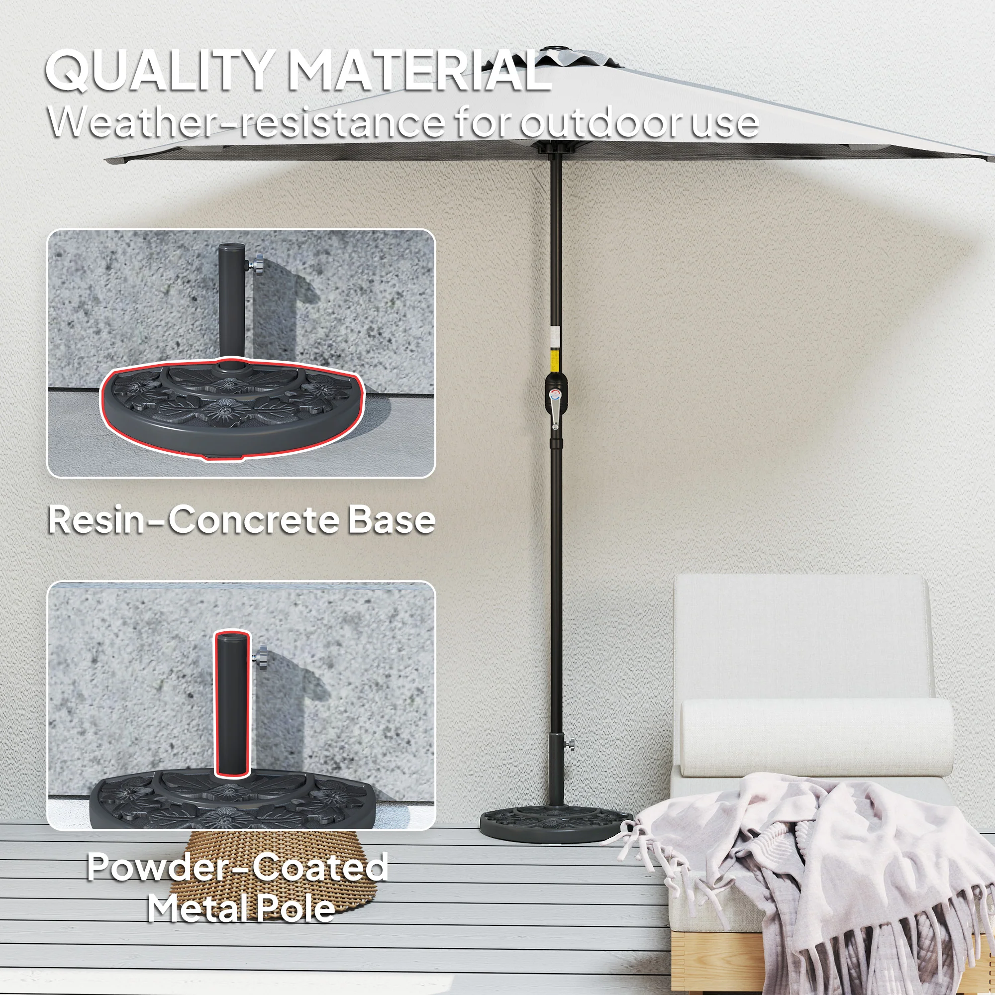 21lb Concrete Half Umbrella Stand with Floral Design, for 1.3"/1.5"/1.9" Poles, Black - Image 7