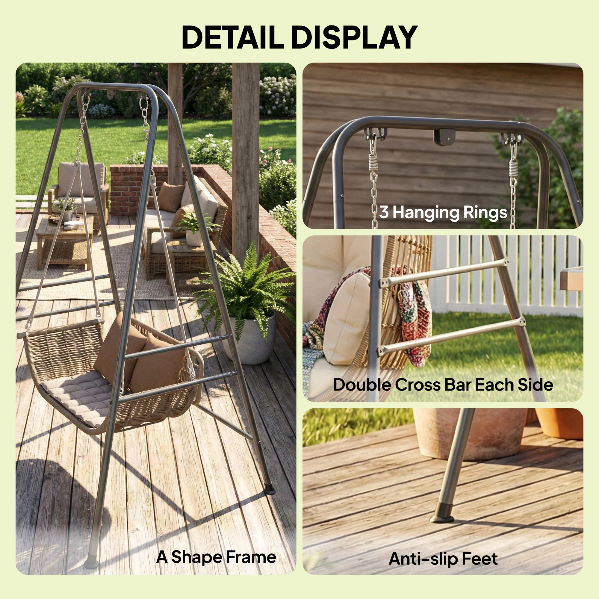Hammock Chair Stand with Anti-Slip Pads and 2 Carabiners, Gray - Image 9