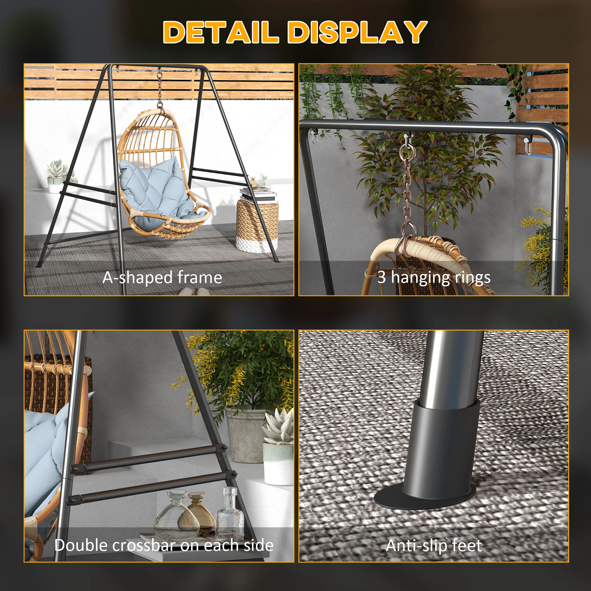 Hanging Heavy Duty Metal Frame Hammock Stand for Air Porch Swing Chair, Egg Cahir, Black - Image 9