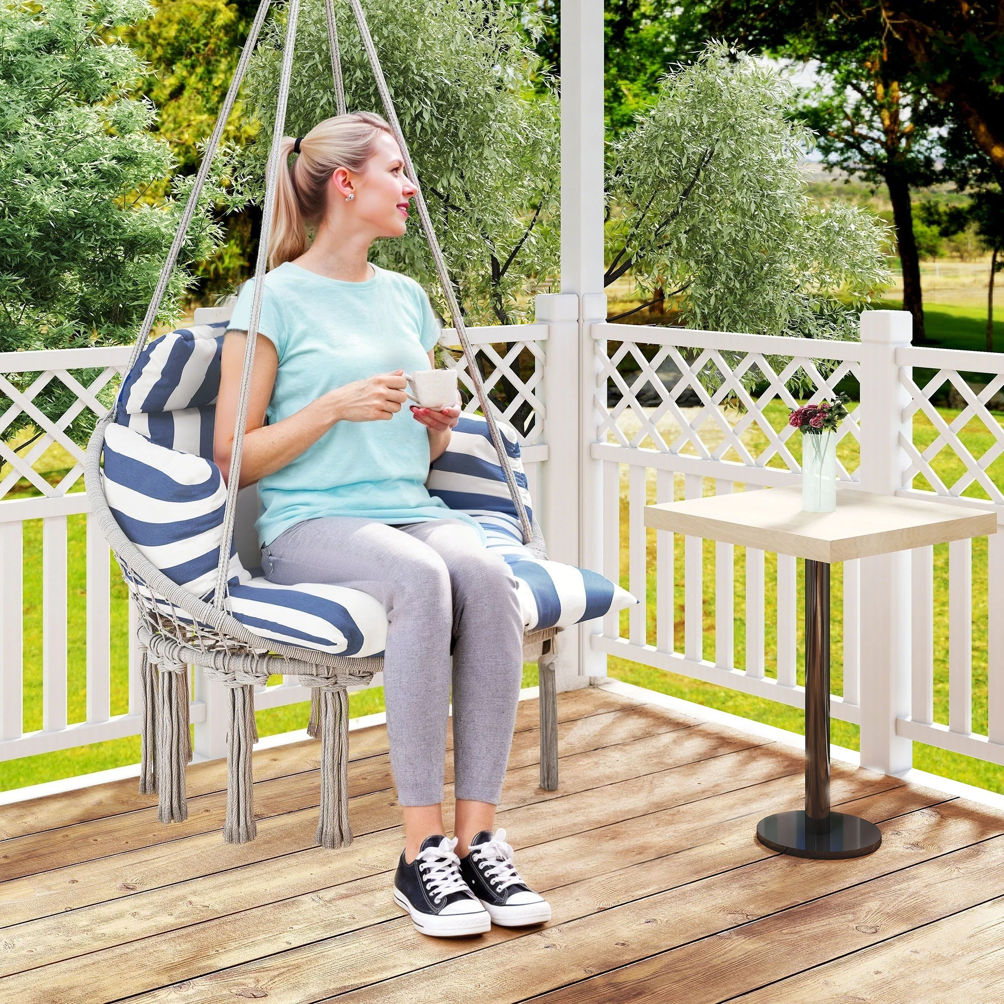 Macrame Hammock Swing Chair with Cushion, Blue and White - Image 4