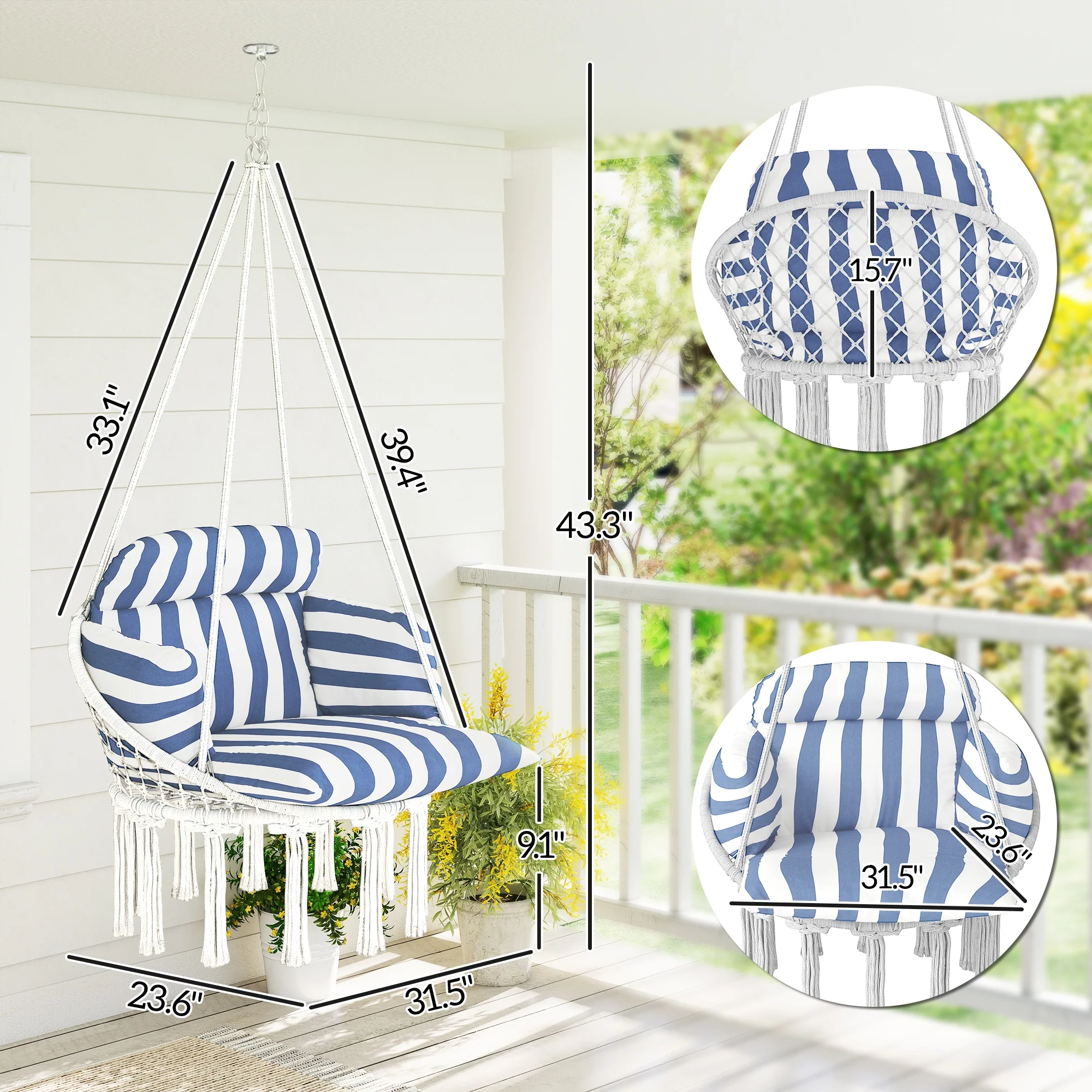 Macrame Hammock Swing Chair with Cushion, Blue and White - Image 5