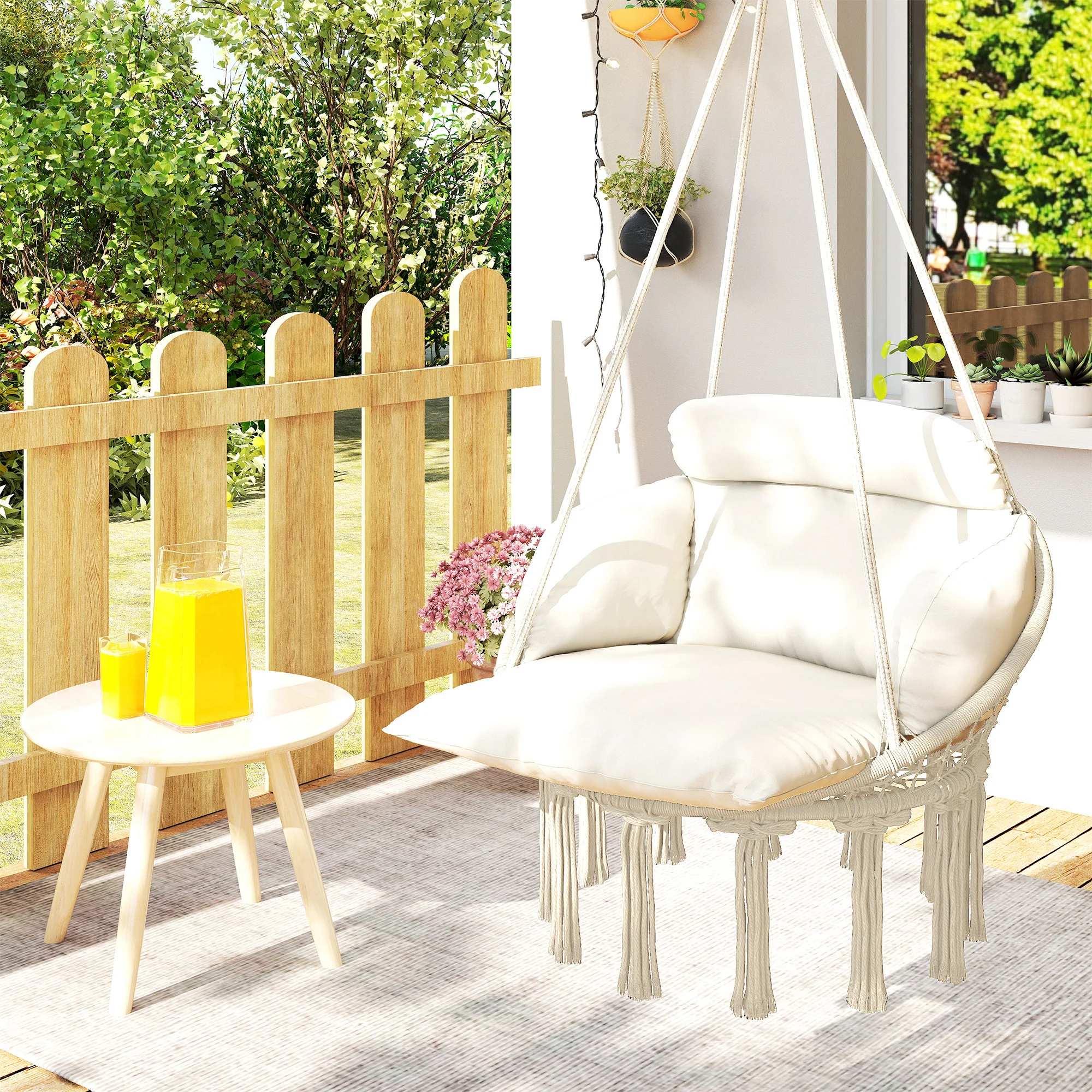 Macrame Hammock Swing Chair with Cushion, Cream White - Image 11