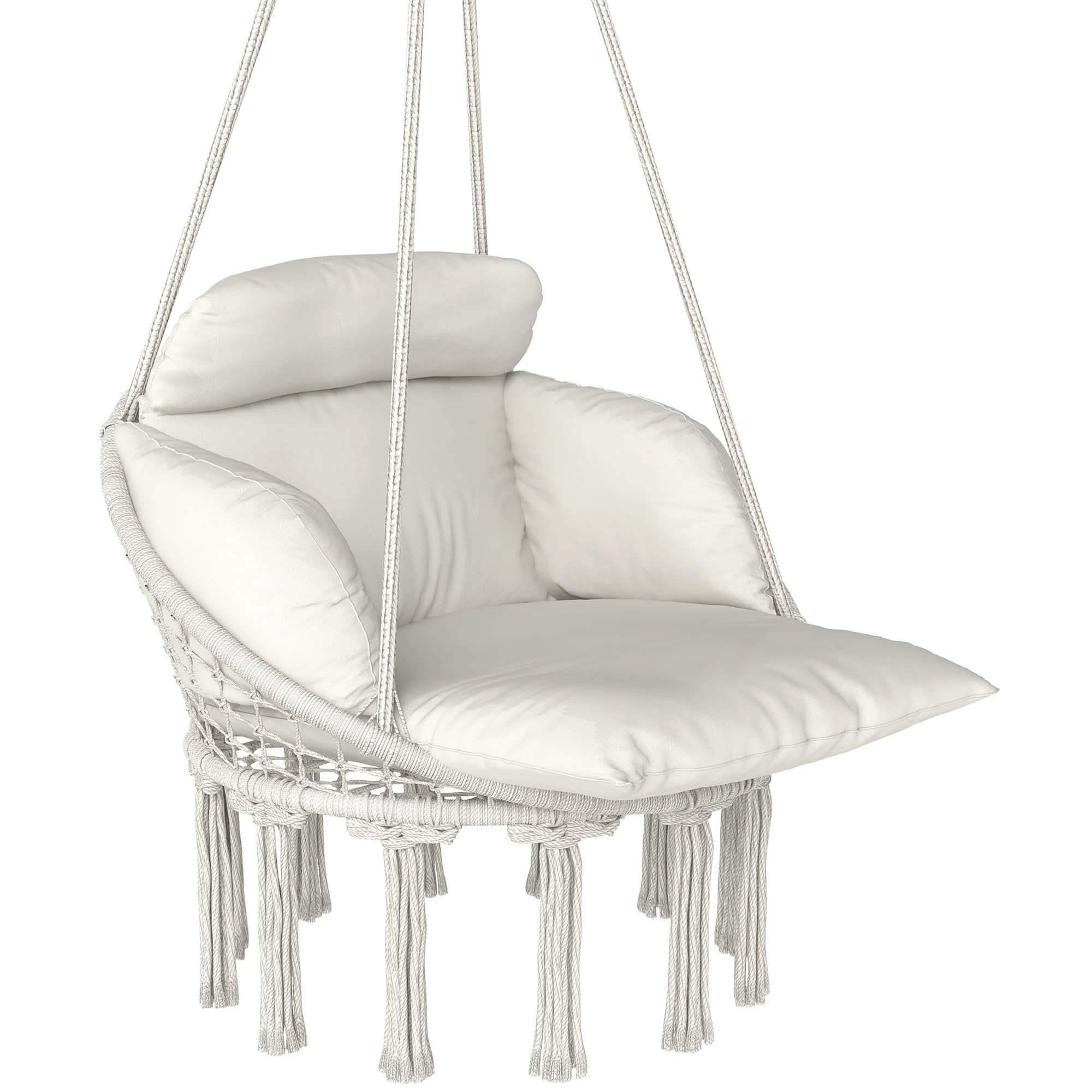 Macrame Hammock Swing Chair with Cushion, Cream White - Image 12