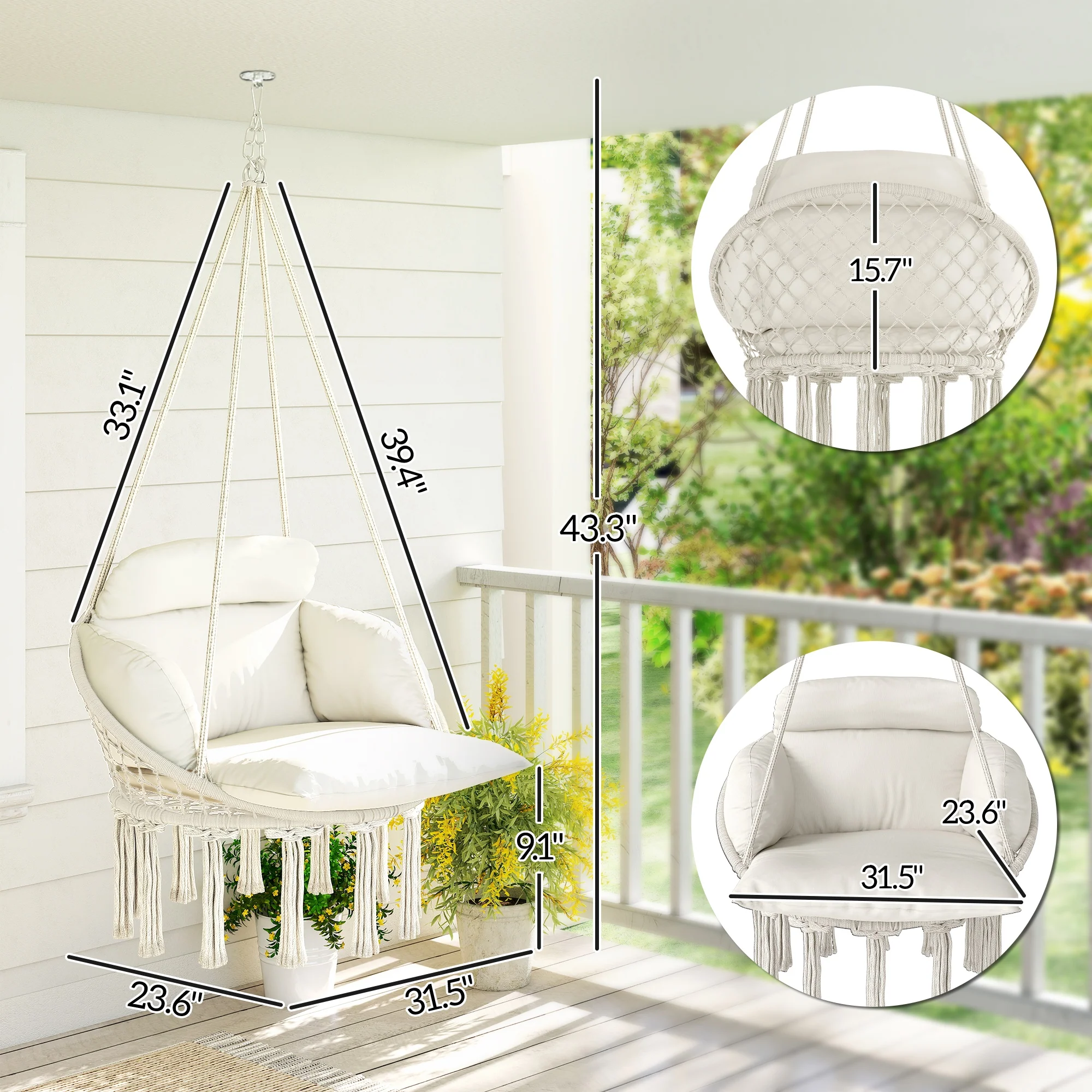 Macrame Hammock Swing Chair with Cushion, Cream White - Image 5