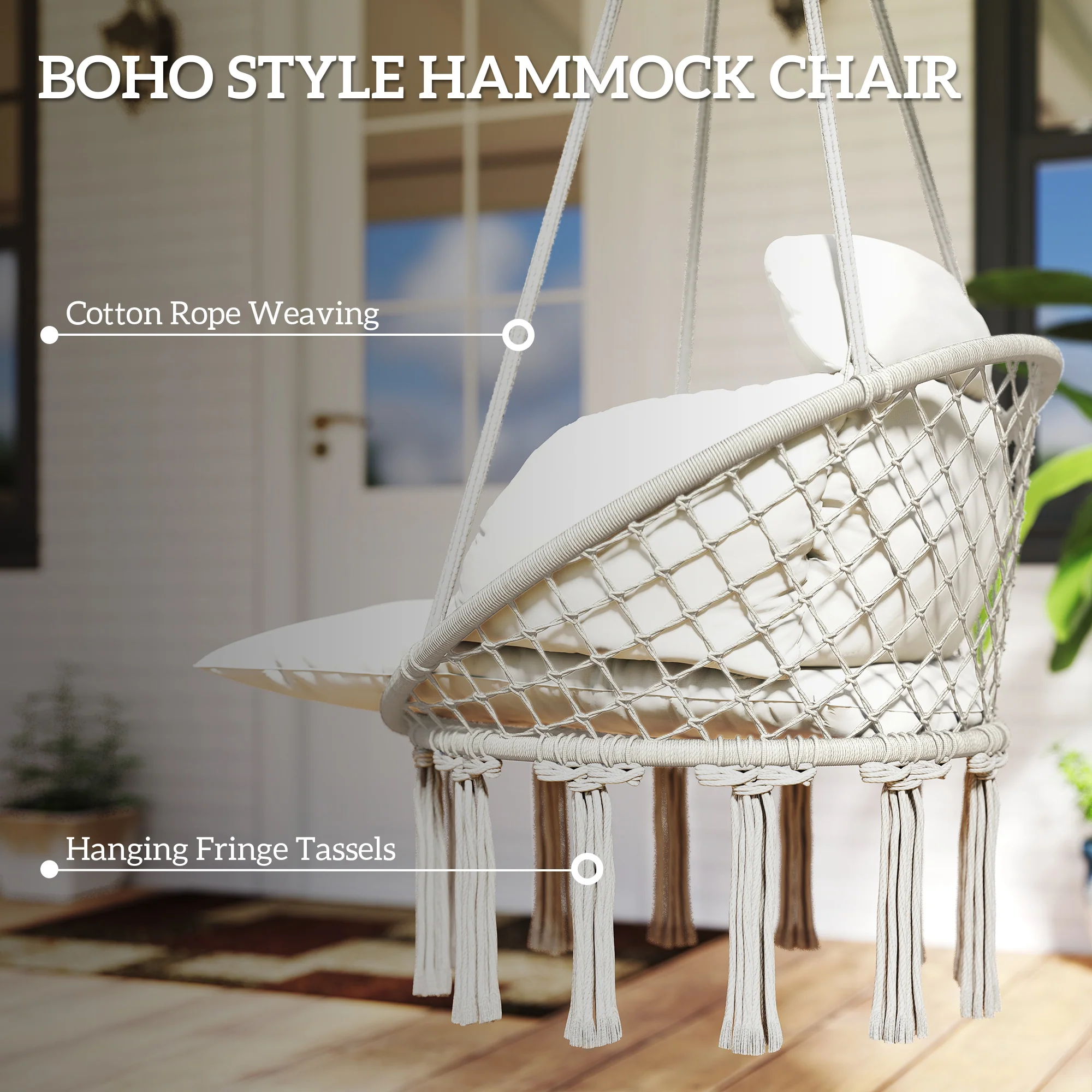 Macrame Hammock Swing Chair with Cushion, Cream White - Image 7