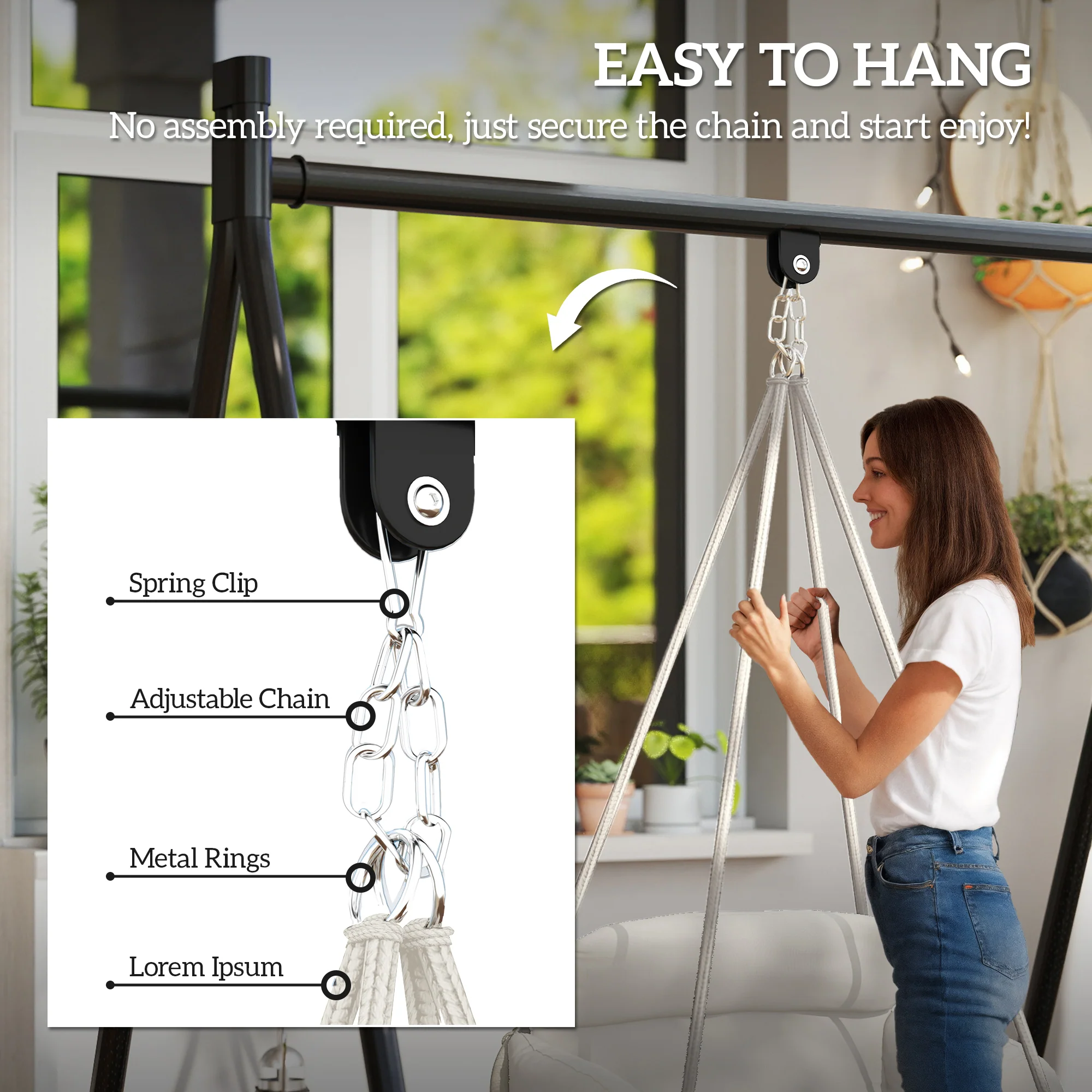 Macrame Hammock Swing Chair with Cushion, Cream White - Image 8