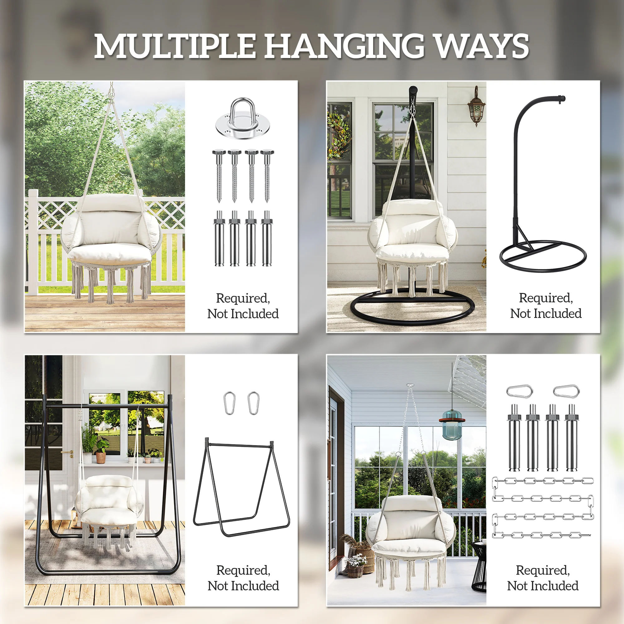 Macrame Hammock Swing Chair with Cushion, Cream White - Image 9