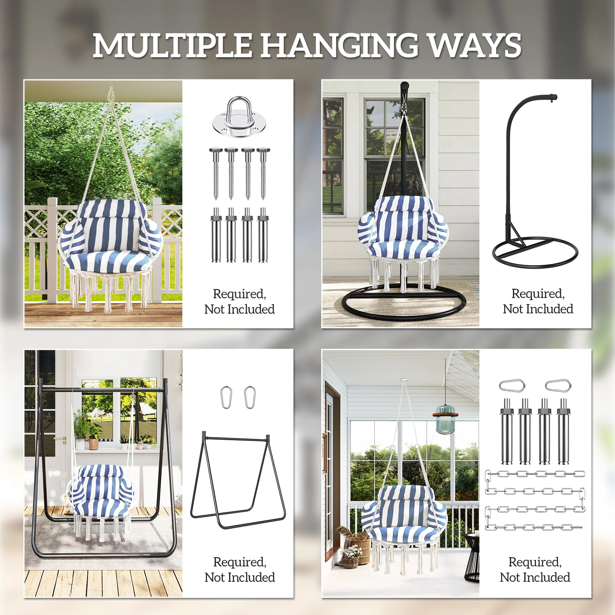 Macrame Hammock Swing Chair with Cushion, Blue and White - Image 9