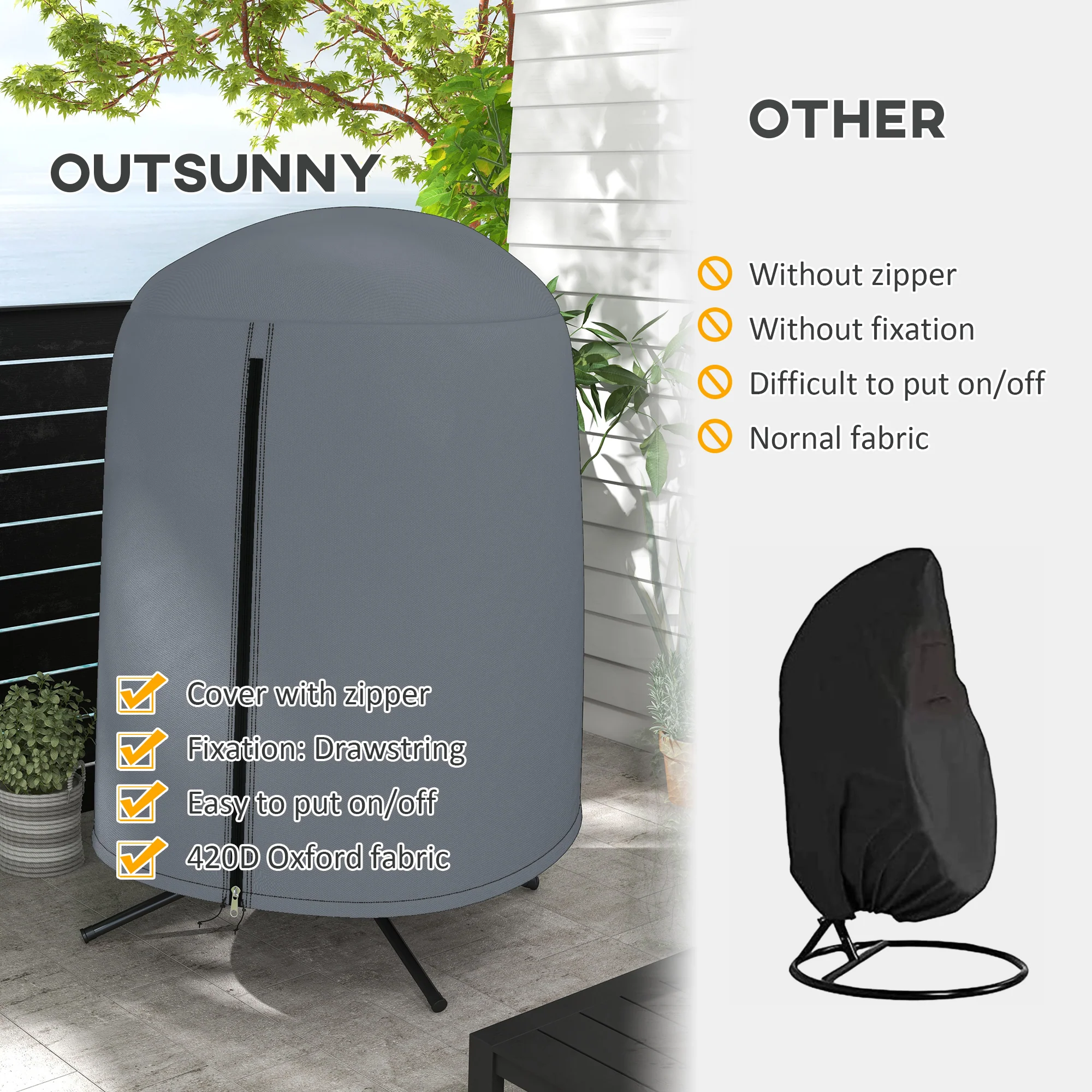 Hanging Egg Chair Cover, Outdoor Single Swing Chair Cover, Waterproof Anti-dust Furniture Protector with Zipper, 420D Oxford Fabric for ¦µ128 x 190H cm Stand, Grey - Image 7
