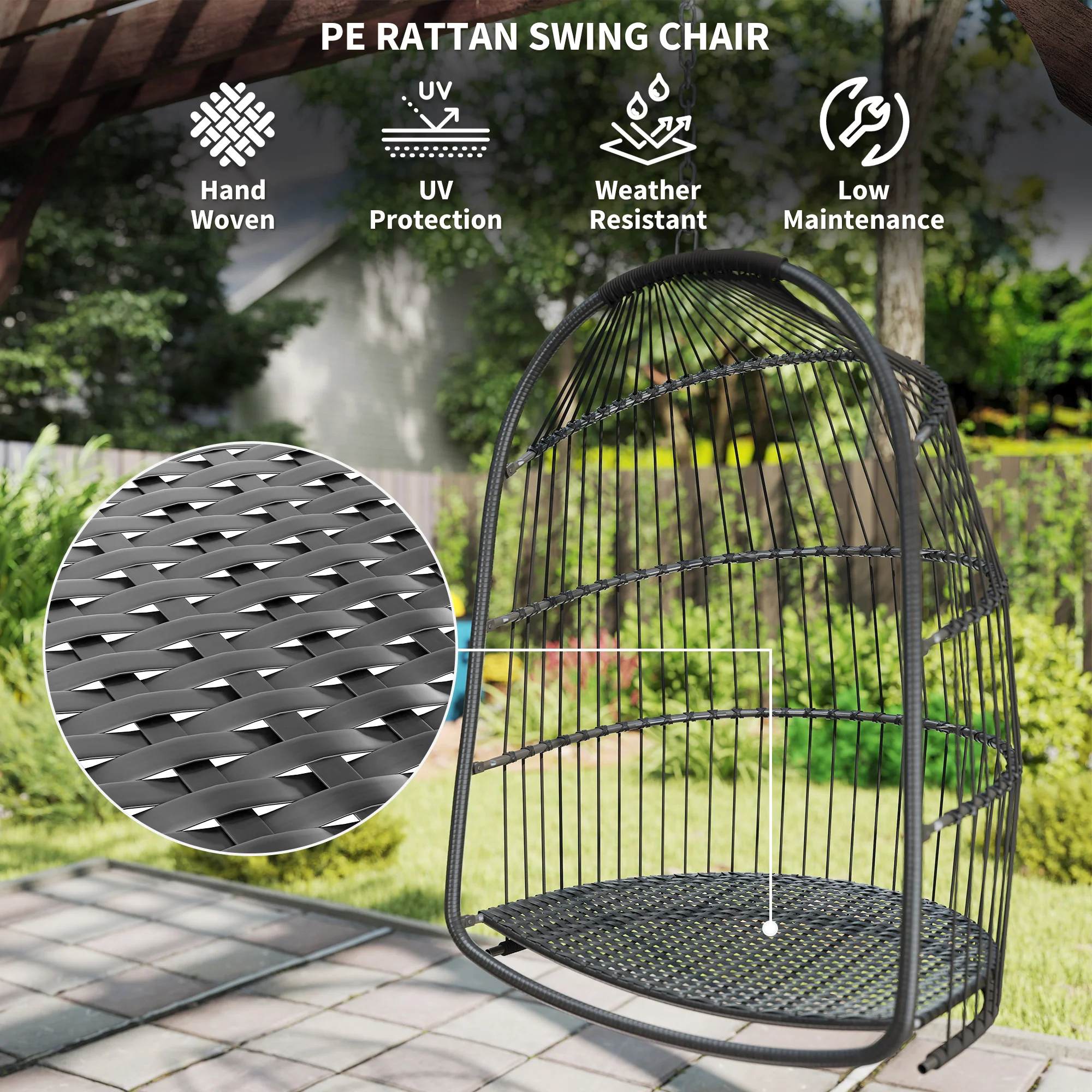 Foldable Hanging Egg Chair with Cushion, Headrest and Kit, Dark Grey - Image 7