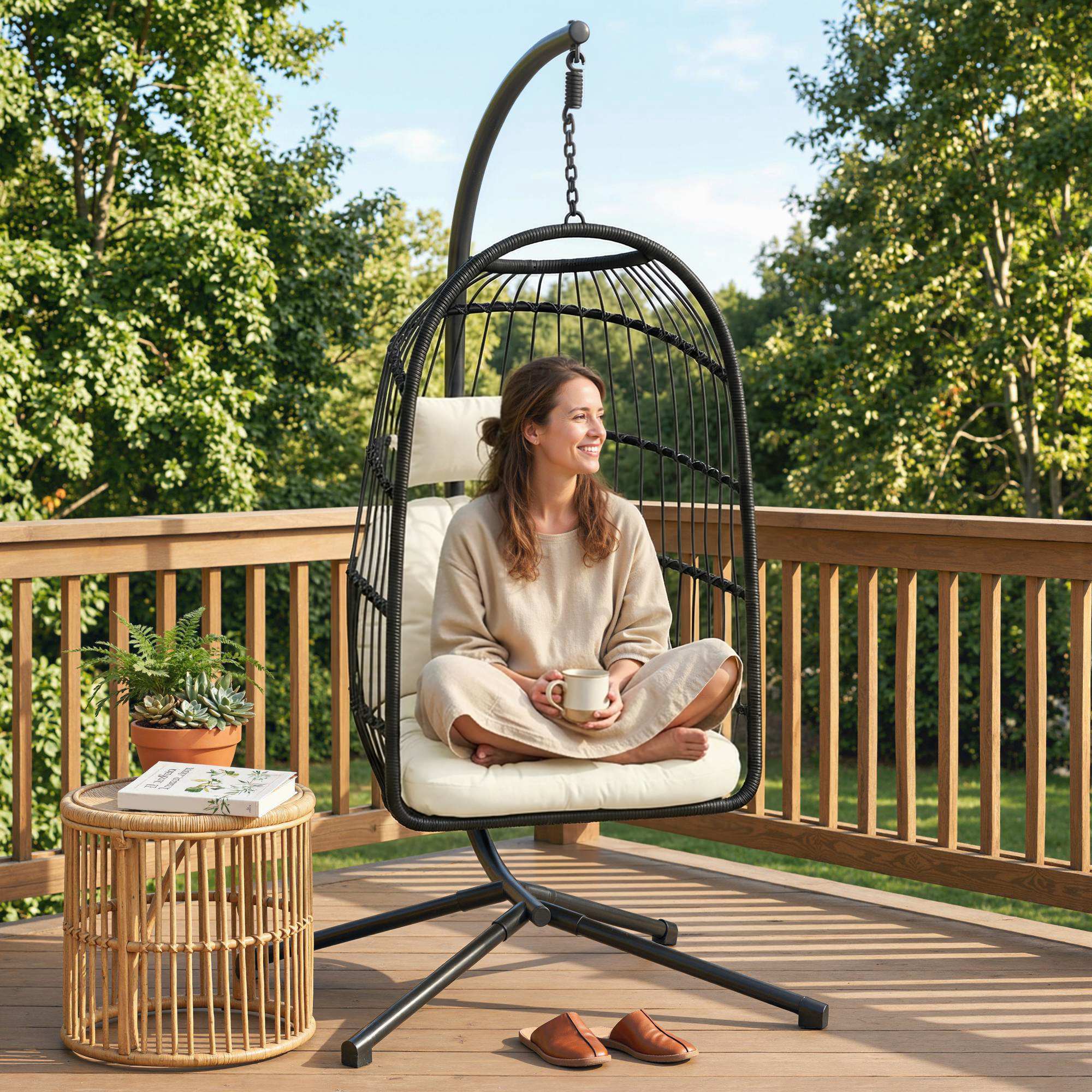 Hanging Egg Chair with Stand, Foldable Basket & Thick Cushion, Adjustable Height - Image 10