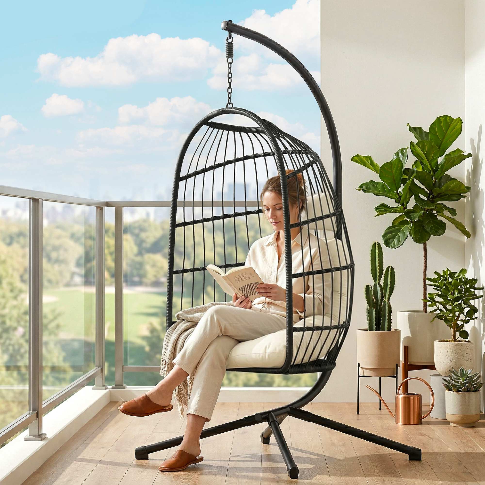 Hanging Egg Chair with Stand, Foldable Basket & Thick Cushion, Adjustable Height - Image 11