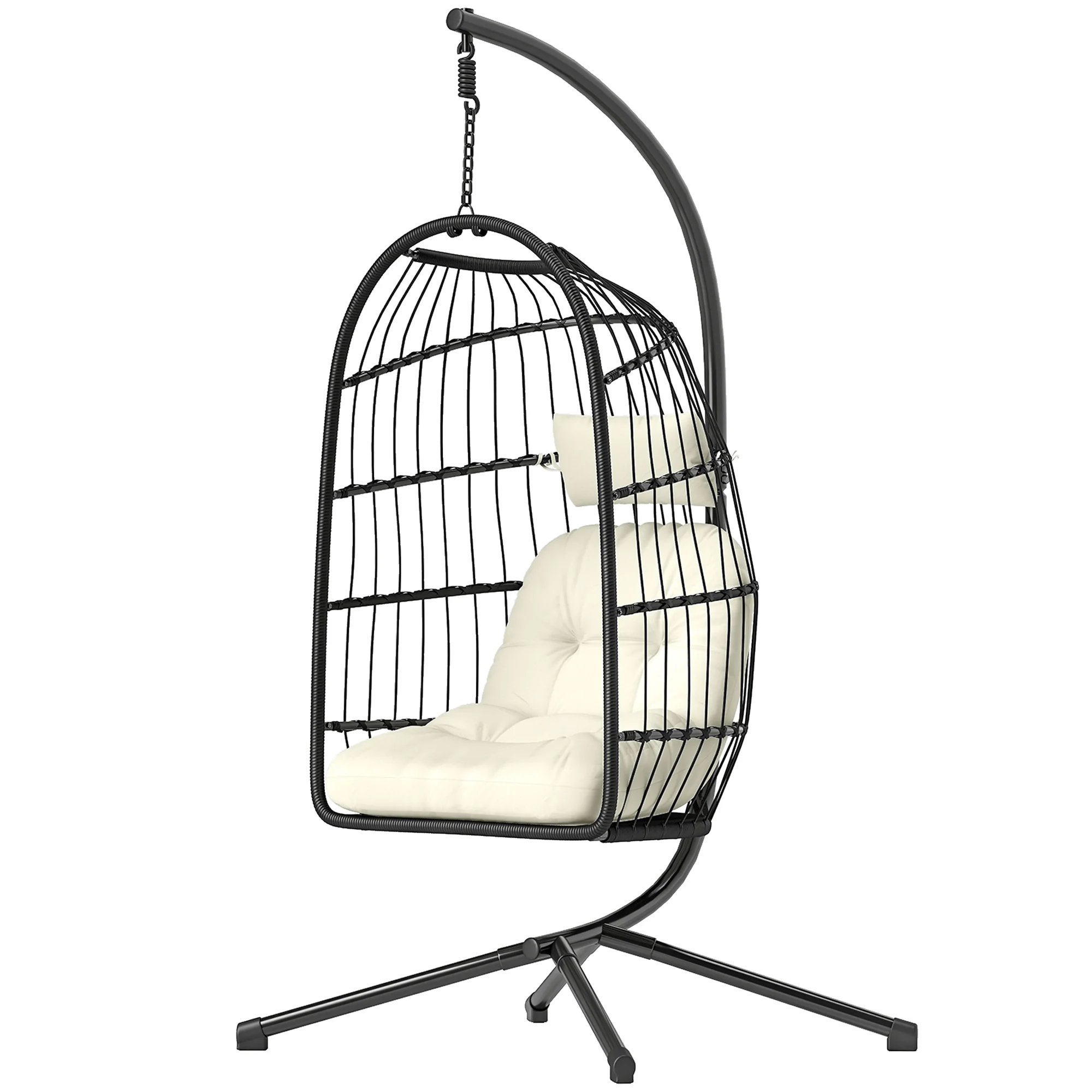 Hanging Egg Chair with Stand, Foldable Basket & Thick Cushion, Adjustable Height - Image 2