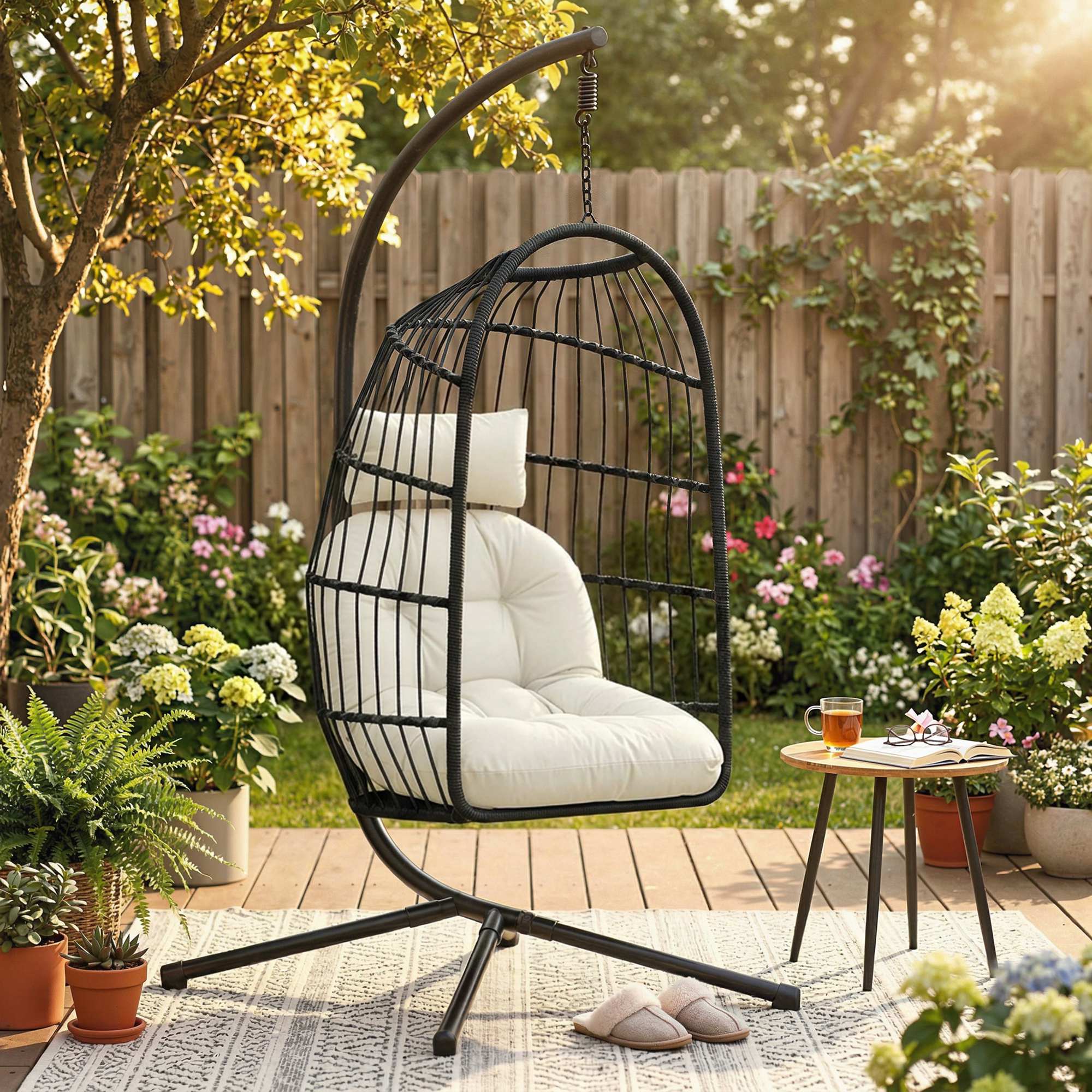 Hanging Egg Chair with Stand, Foldable Basket & Thick Cushion, Adjustable Height - Image 3