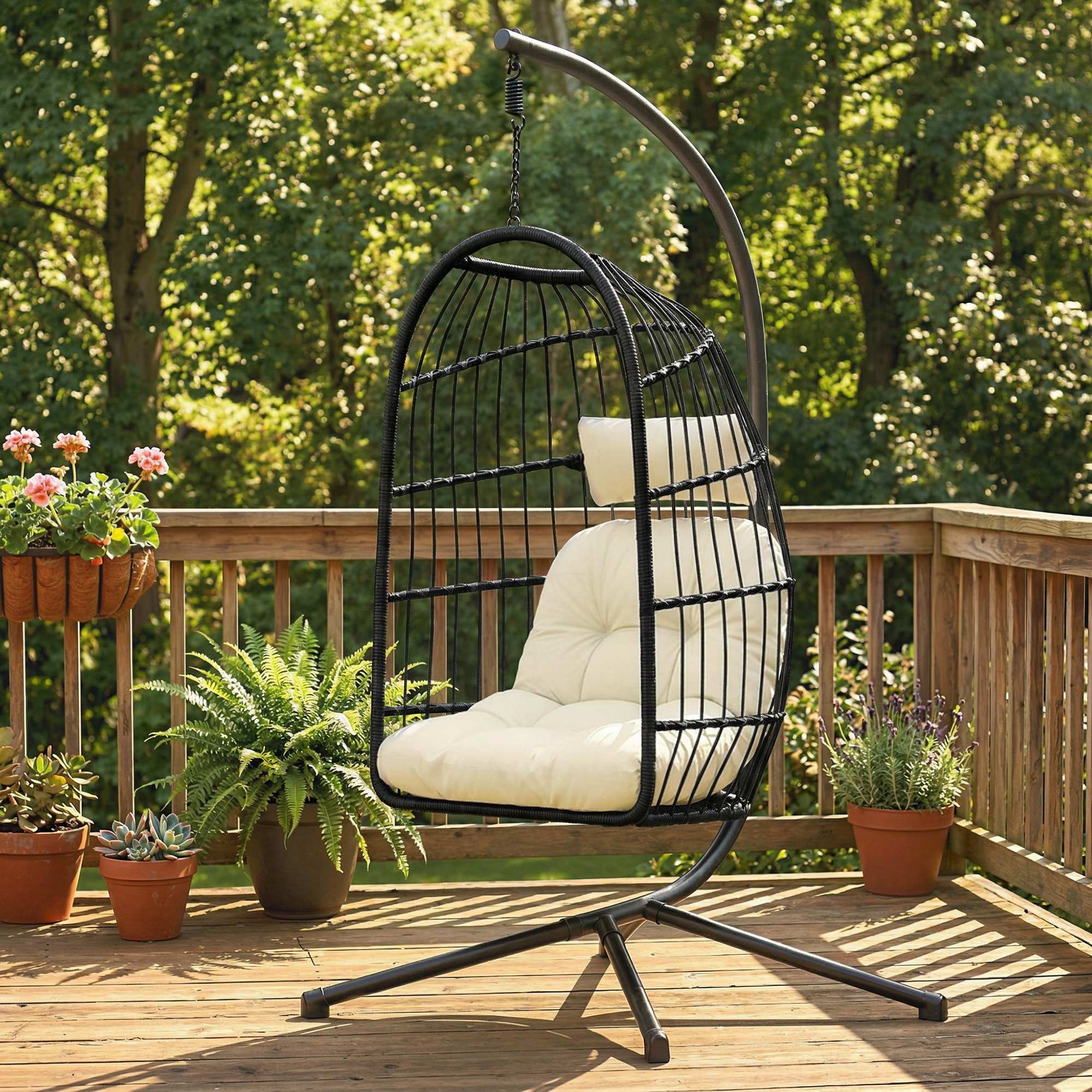 Hanging Egg Chair with Stand, Foldable Basket & Thick Cushion, Adjustable Height - Image 4