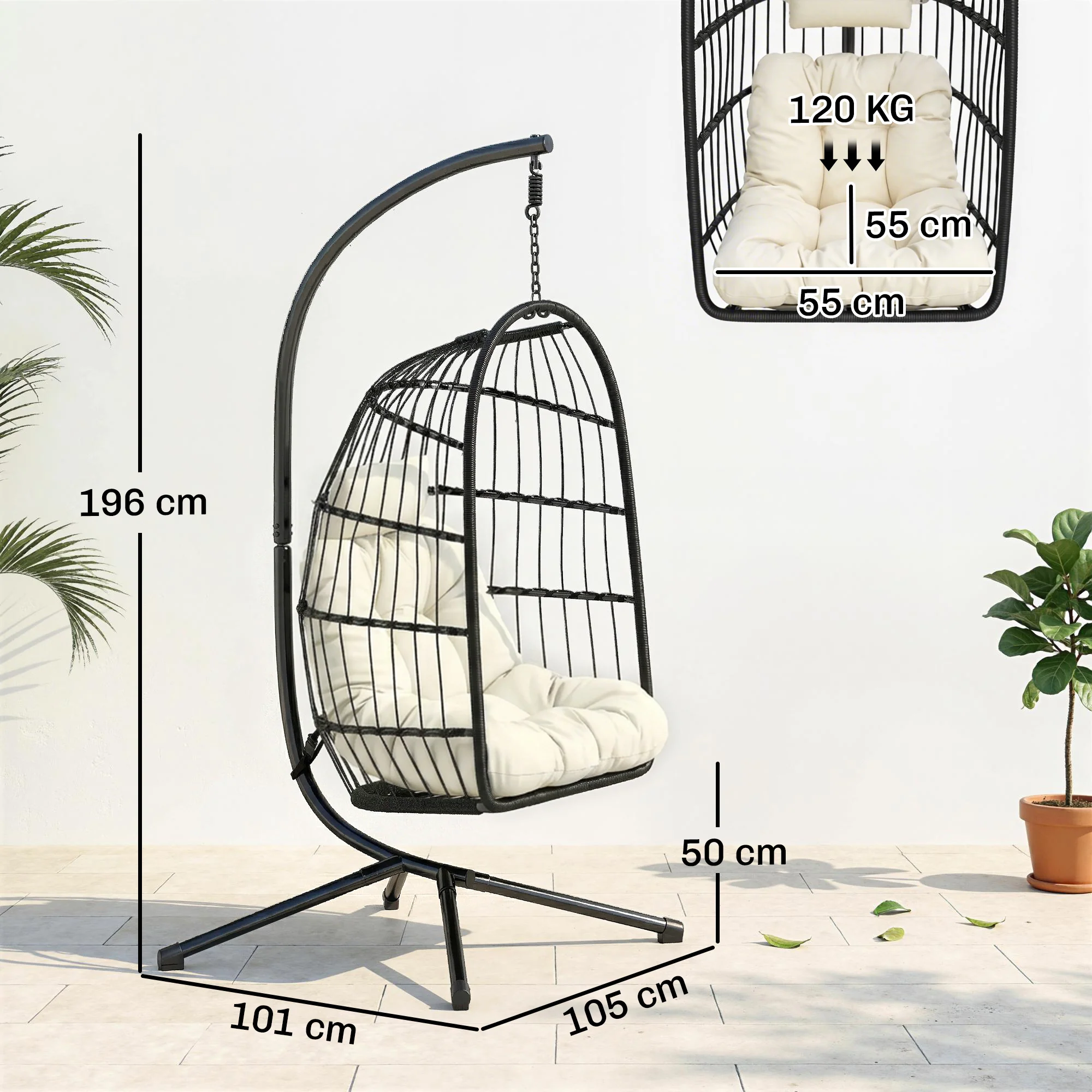 Hanging Egg Chair with Stand, Foldable Basket & Thick Cushion, Adjustable Height - Image 5