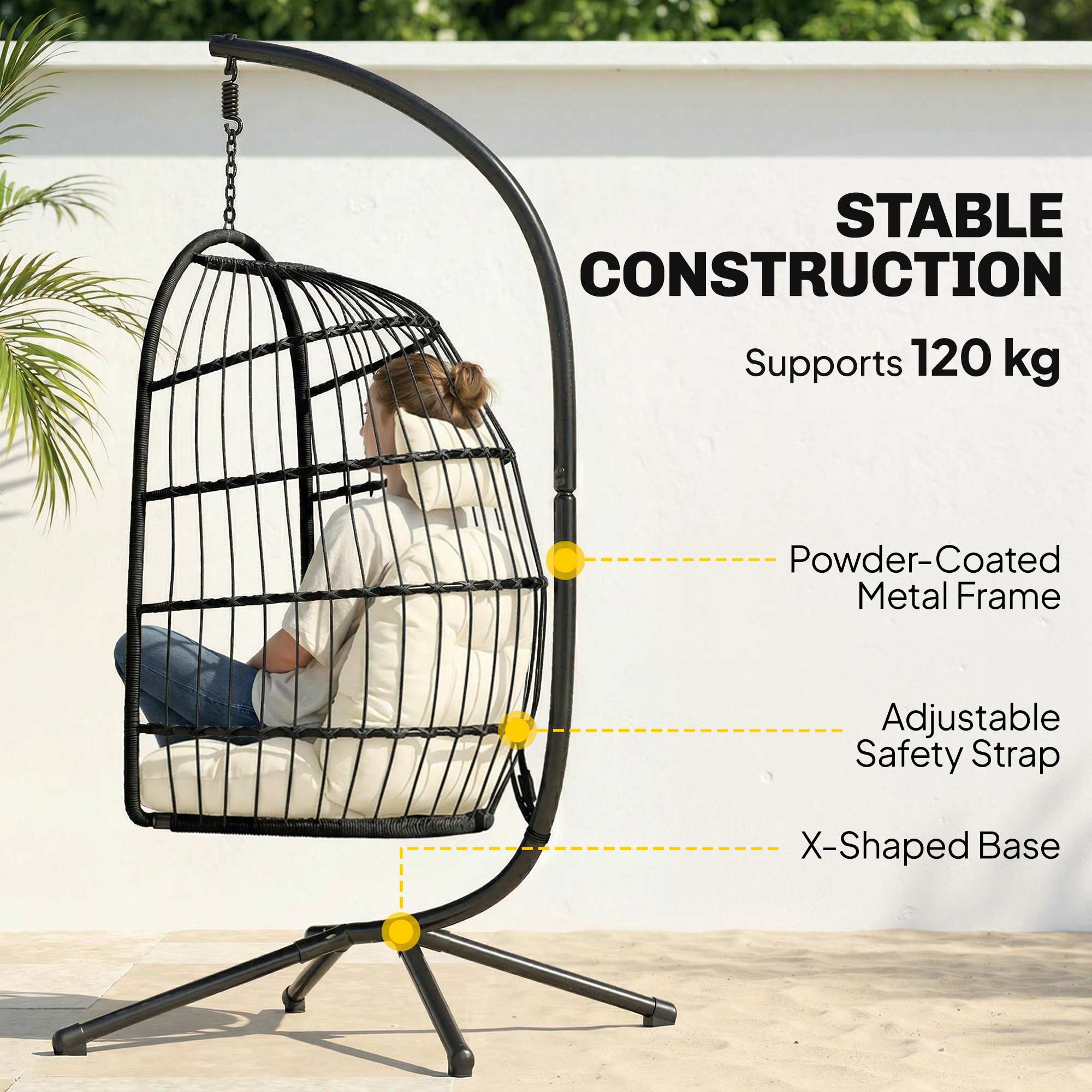 Hanging Egg Chair with Stand, Foldable Basket & Thick Cushion, Adjustable Height - Image 6