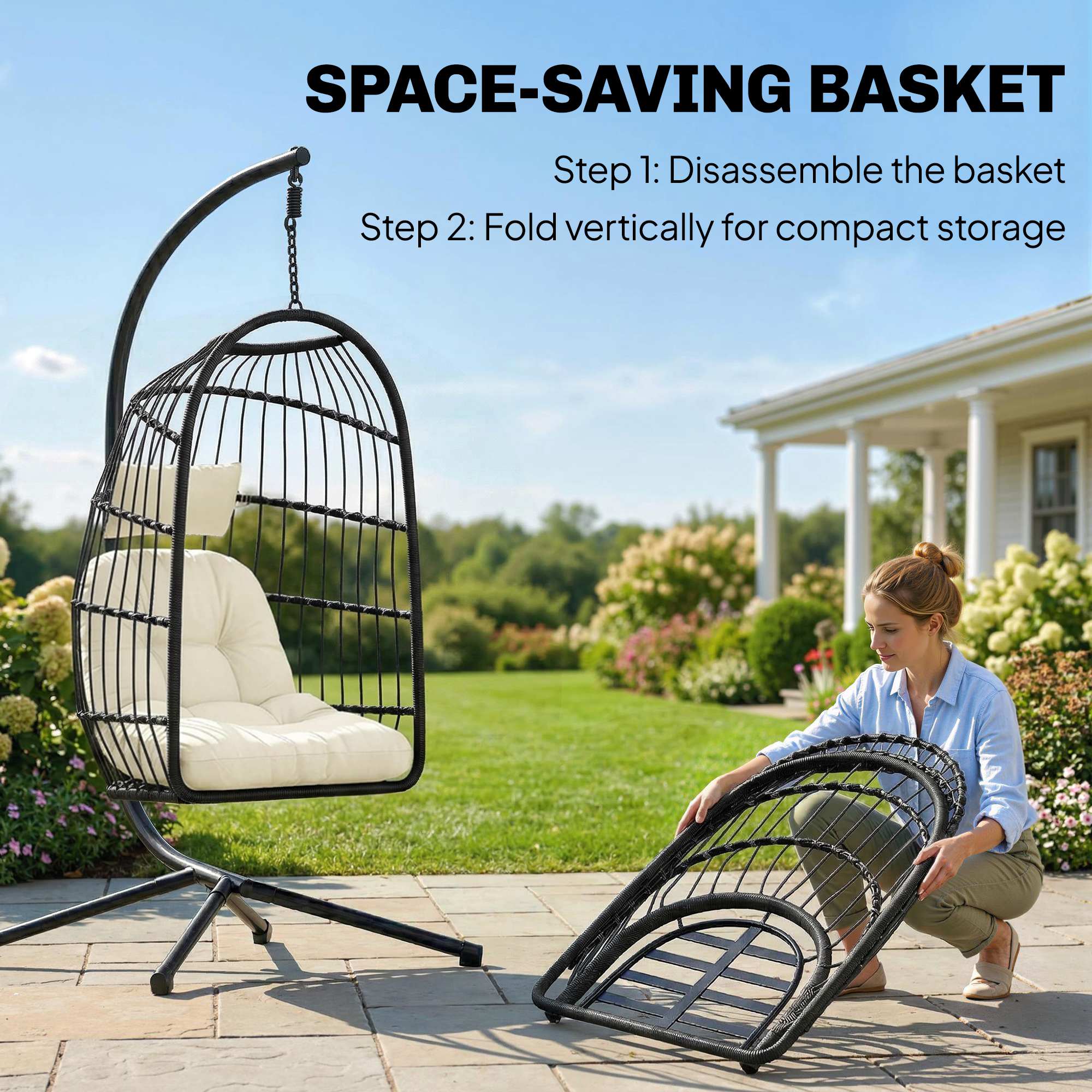 Hanging Egg Chair with Stand, Foldable Basket & Thick Cushion, Adjustable Height - Image 7