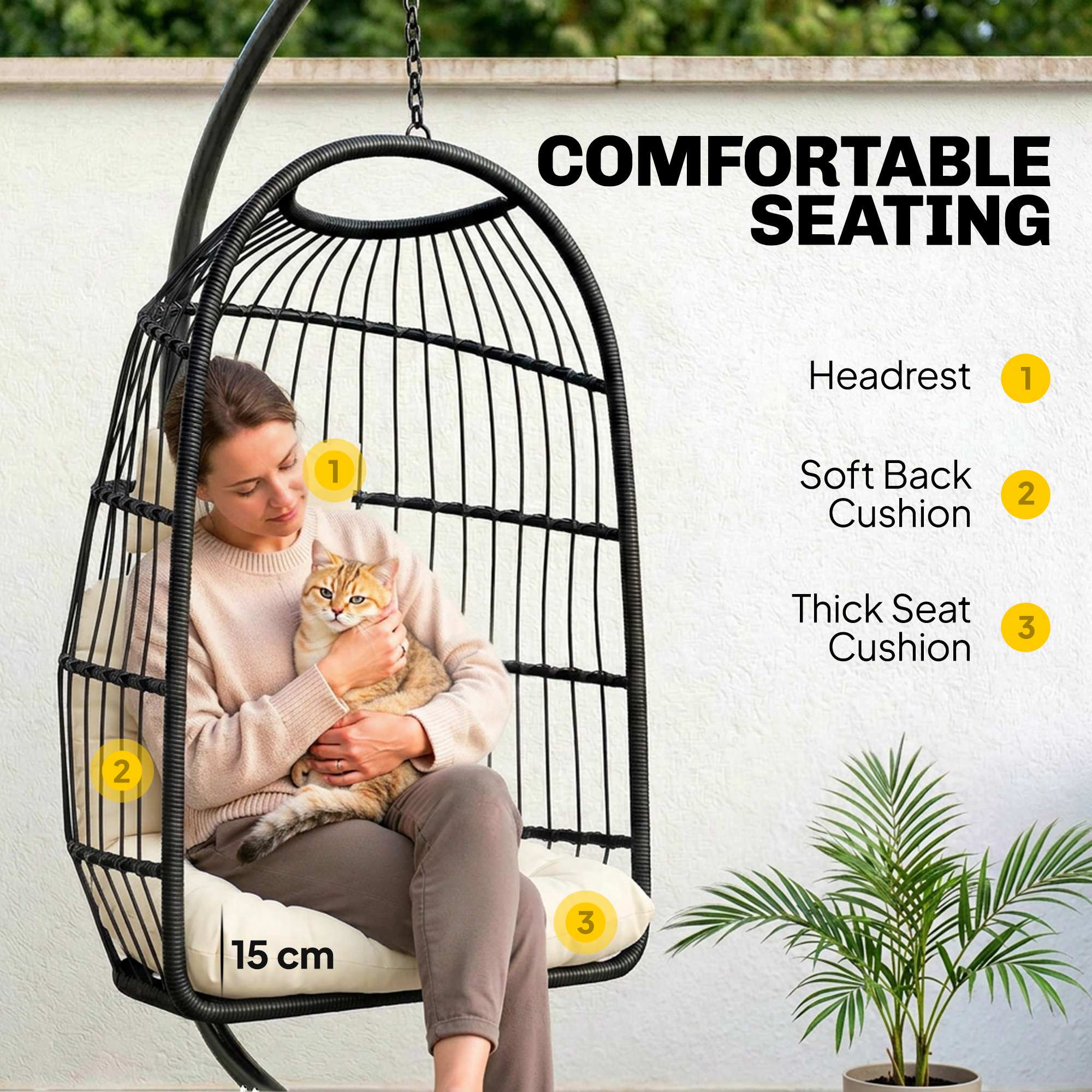 Hanging Egg Chair with Stand, Foldable Basket & Thick Cushion, Adjustable Height - Image 8