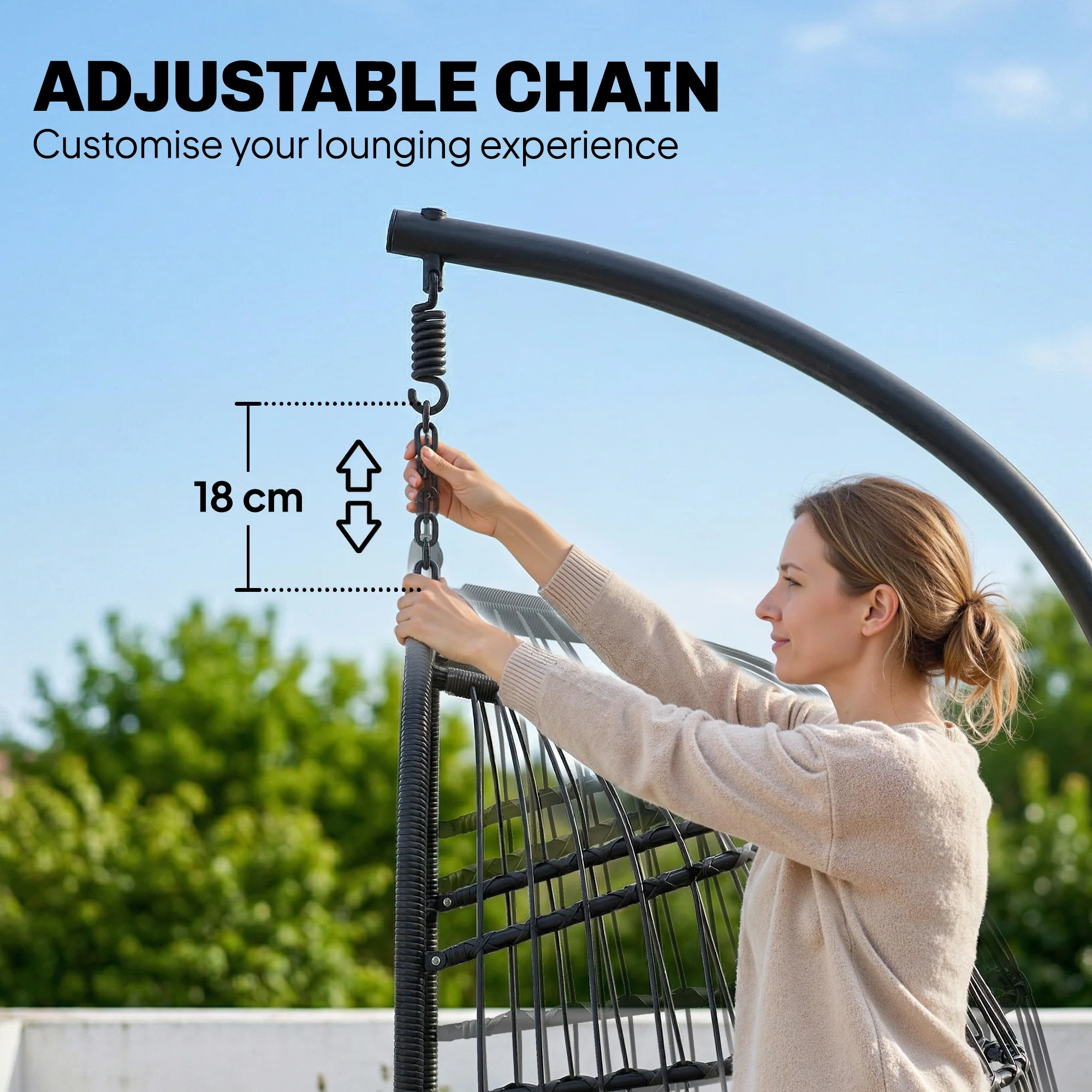 Hanging Egg Chair with Stand, Foldable Basket & Thick Cushion, Adjustable Height - Image 9