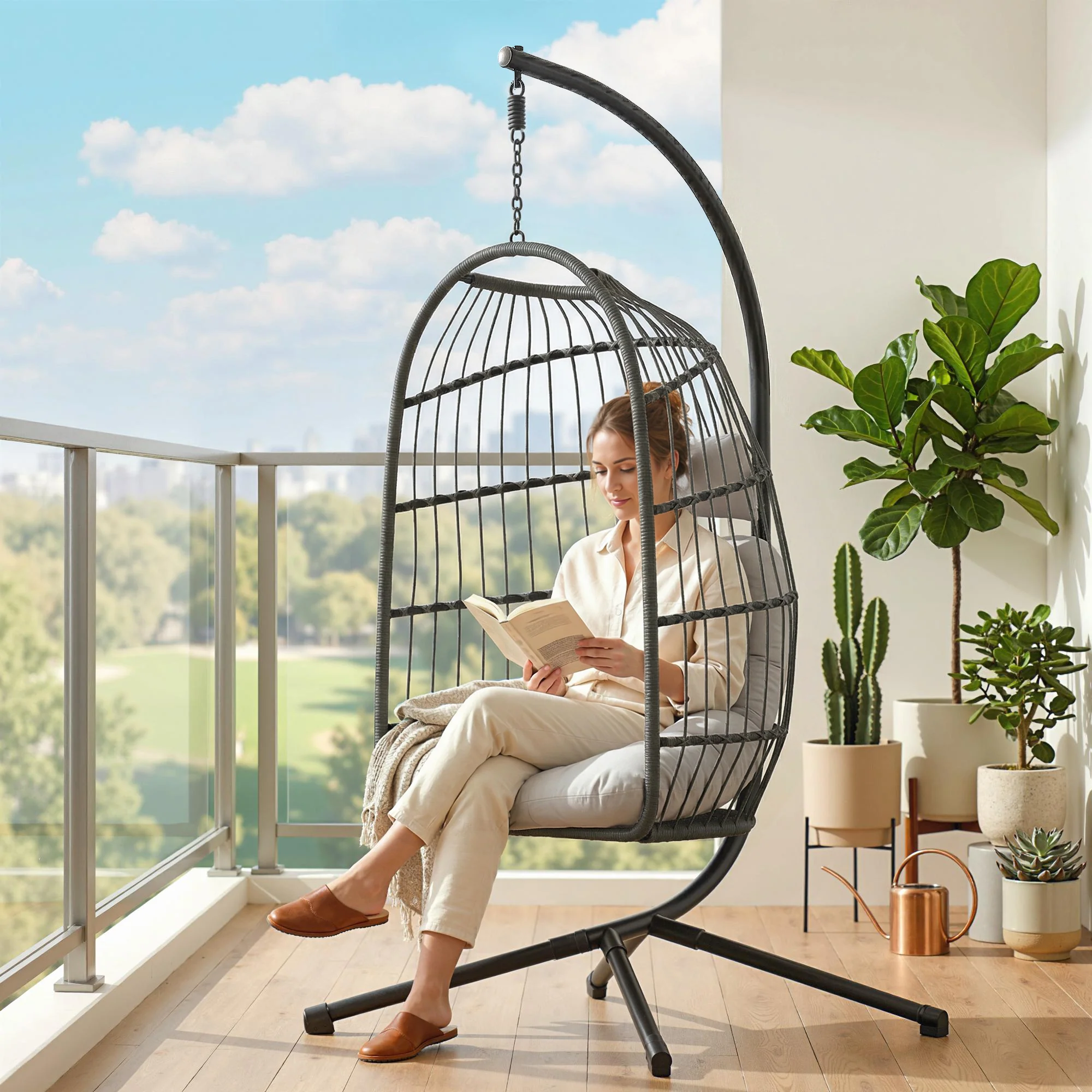 Hanging Egg Chair with Stand, Metal Frame and Adjustable Height, Dark Grey - Image 11
