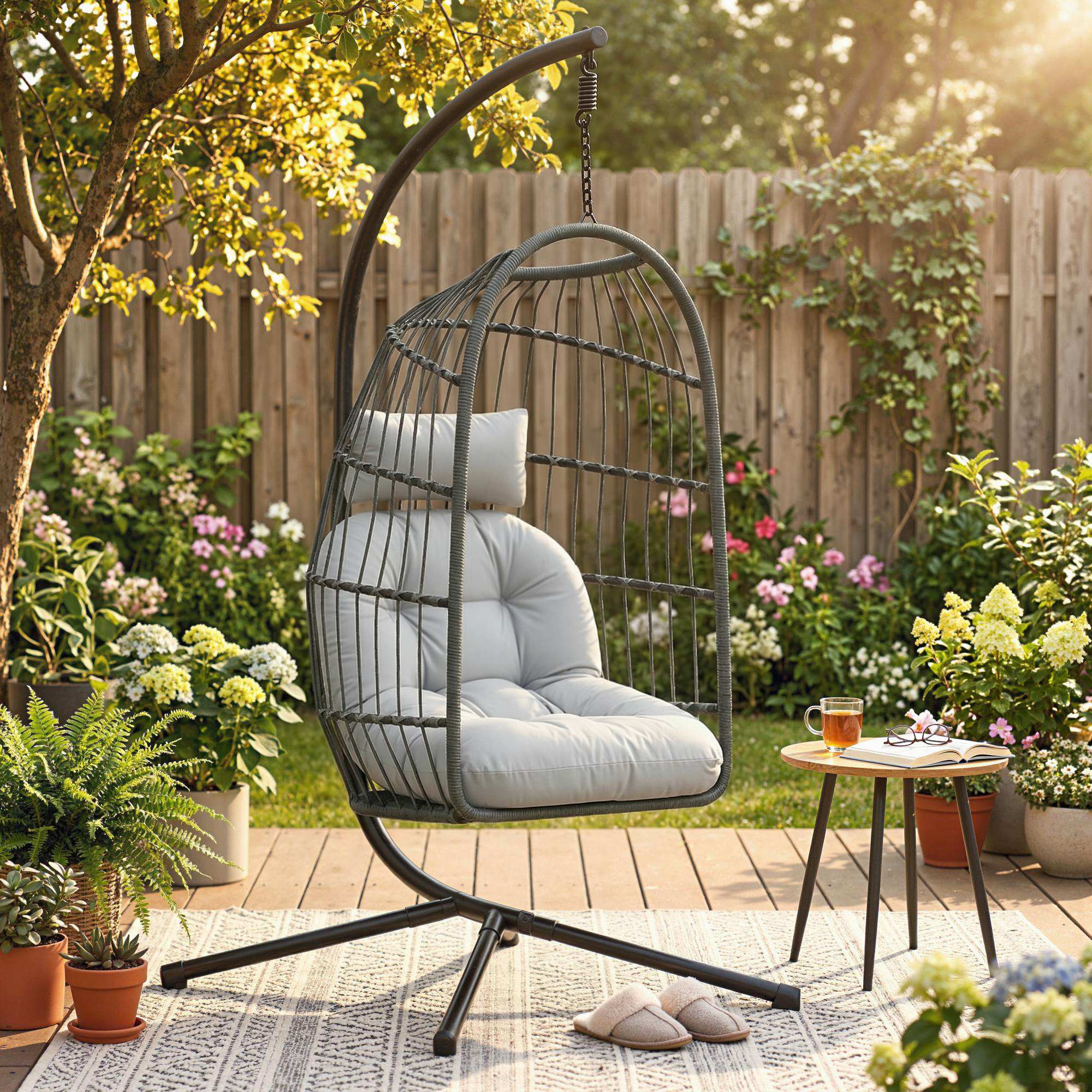 Hanging Egg Chair with Stand, Metal Frame and Adjustable Height, Dark Grey - Image 3