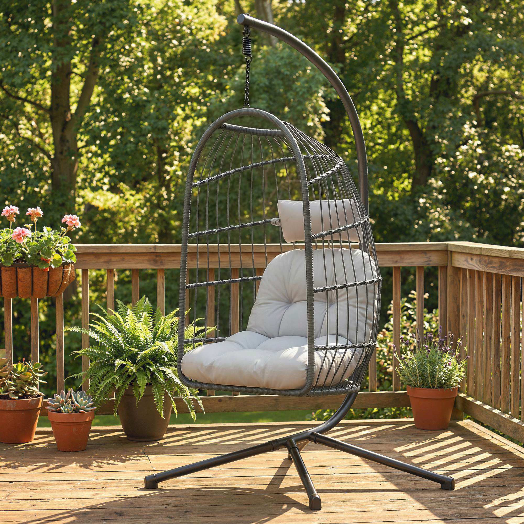 Hanging Egg Chair with Stand, Metal Frame and Adjustable Height, Dark Grey - Image 4